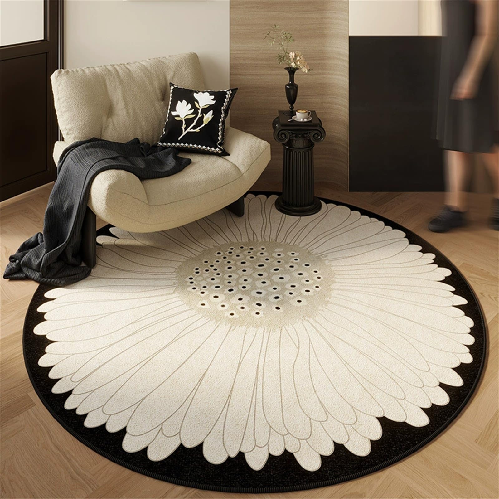 Hearda Simple Black Beige Texture Decorations Rugs Living Room Non-Slip Round Large Rug 60-140cm, Velvet Washable Carpet Rugs, for Bedroom Kitchen,Living Rooms, Corridors (Floral,100cm)