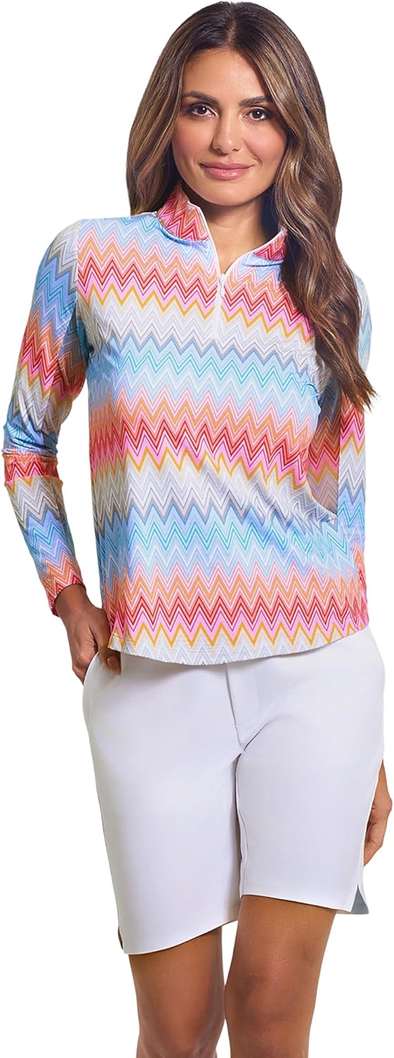IBKUL UPF 50+ Sun Protection, Icefil Cooling, Moisture-Wicking Susan Print Long Sleeve Mock Neck Top
