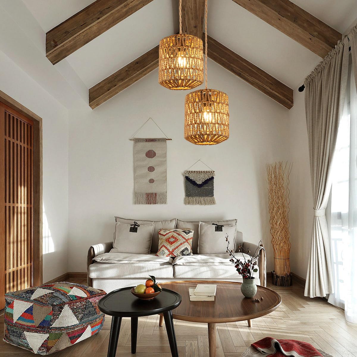 Lampadario Rattan, Lampada a Sospensione Boho Con Paralume E27 | Lampadario Vintage Per Soggiorno, Camera da Letto, Cucina Con Potenza Massima di 60W
