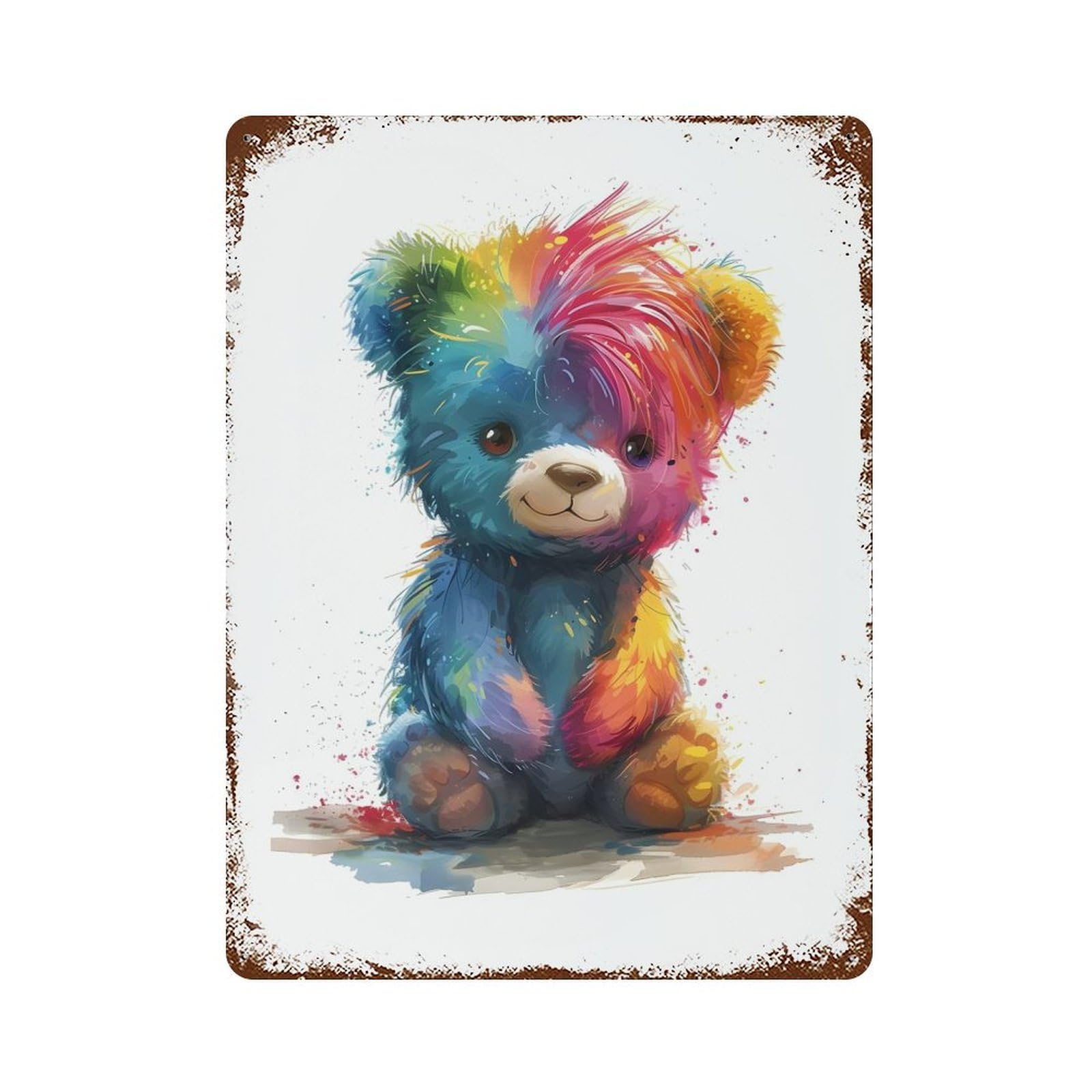 Rainbow Teddy Bear Vintage Rust Metal Sign 15.7"x11.8", Farmhouse Wall Decor for Garage, Pub Or Kitchen