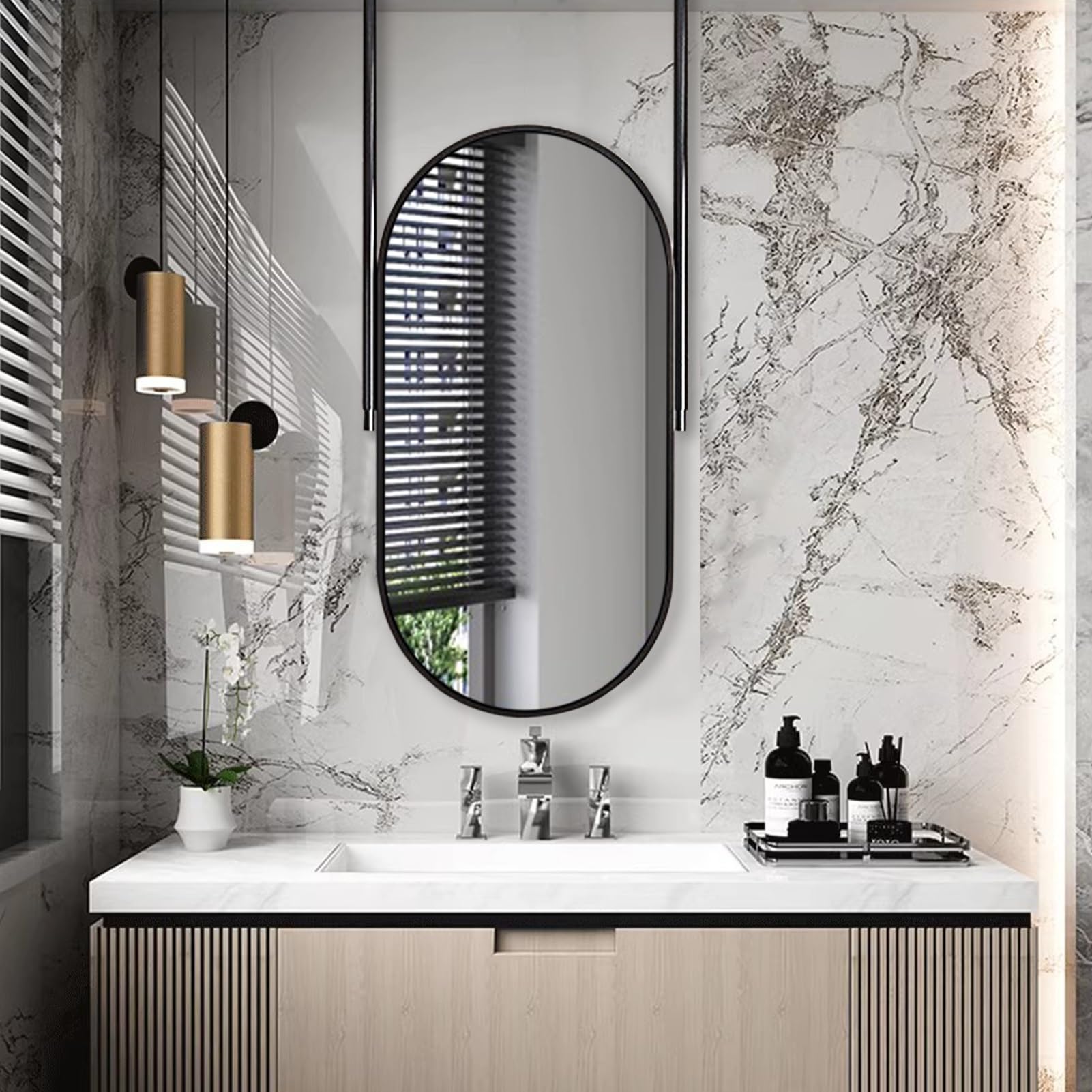 Owalne lustro do sufitu wiszące montowane lustro z czarną metalową ramą, dekoracyjne proste lustro do toaletki dom przedpokój sypialnia łazienka salon(50cmx60cm)