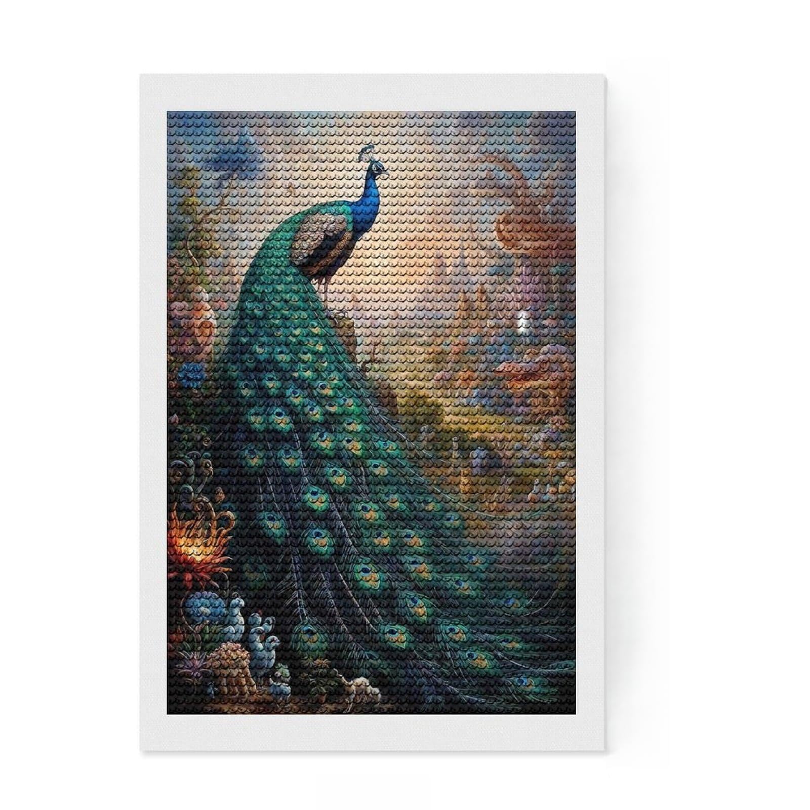 Junmoney Proud Peacock Menagerie Full Drill Diamond Painting Kit 8"x12", for Adults, Good for Quiet Evenings, Farmhouse Decor, Holiday Gift Idea