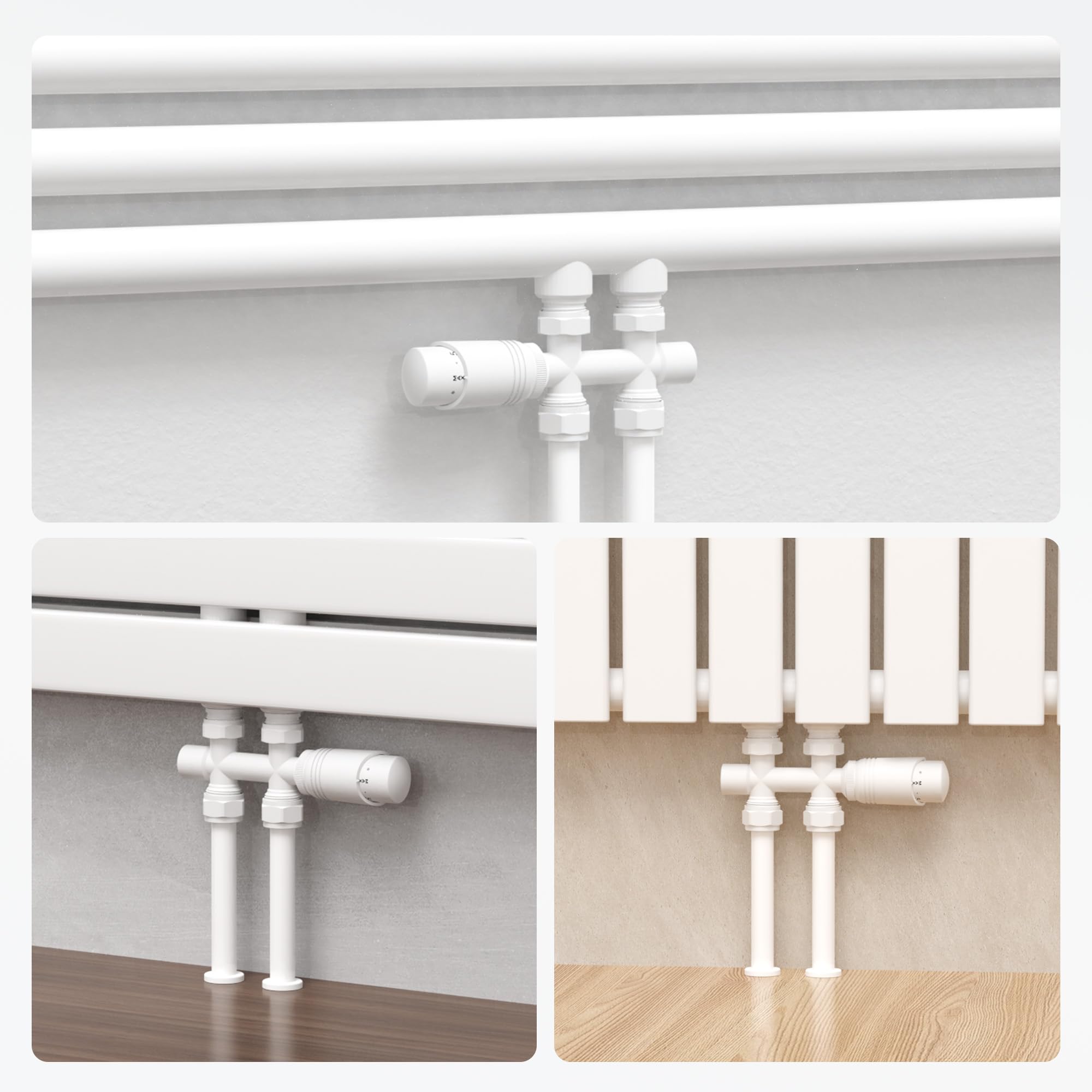 VANCOCO 2 bloques multibloque con termostato para radiadores de 50 mm, distancia entre bujes, bloque de grifo, grifos de válvula, juego de grifos en forma de paso con eurocono para tubos de plástico