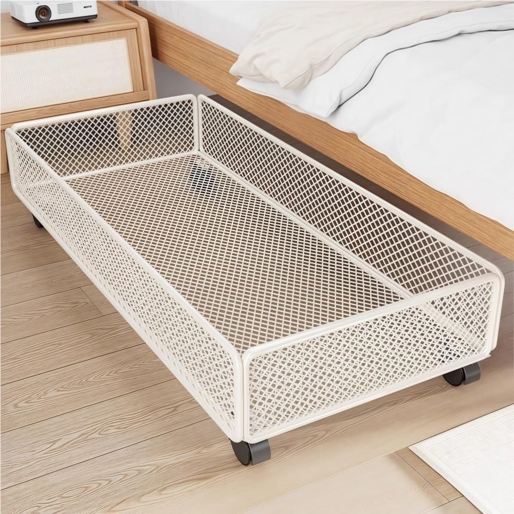 Under Bed Storage with Wheels, Metal Mesh Underbed Storage Container Bins, Rolling Under Bed Drawers Organizer for Bedroom(Black)