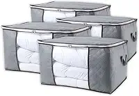 Kit 4 Organizadores de Armário Roupas Cobertores – Caixas Dobráveis Cinza, Zíper e Alças Laterais para Armário/Closet