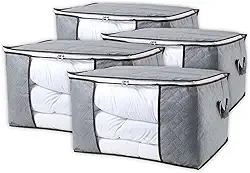 Kit 4 Organizadores de Armário Roupas Cobertores – Caixas Dobráveis Cinza, Zíper e Alças Laterais para Armário/Closet