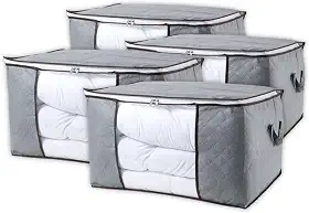 Kit 4 Organizadores de Armário Roupas Cobertores – Caixas Dobráveis Cinza, Zíper e Alças Laterais para Armário/Closet