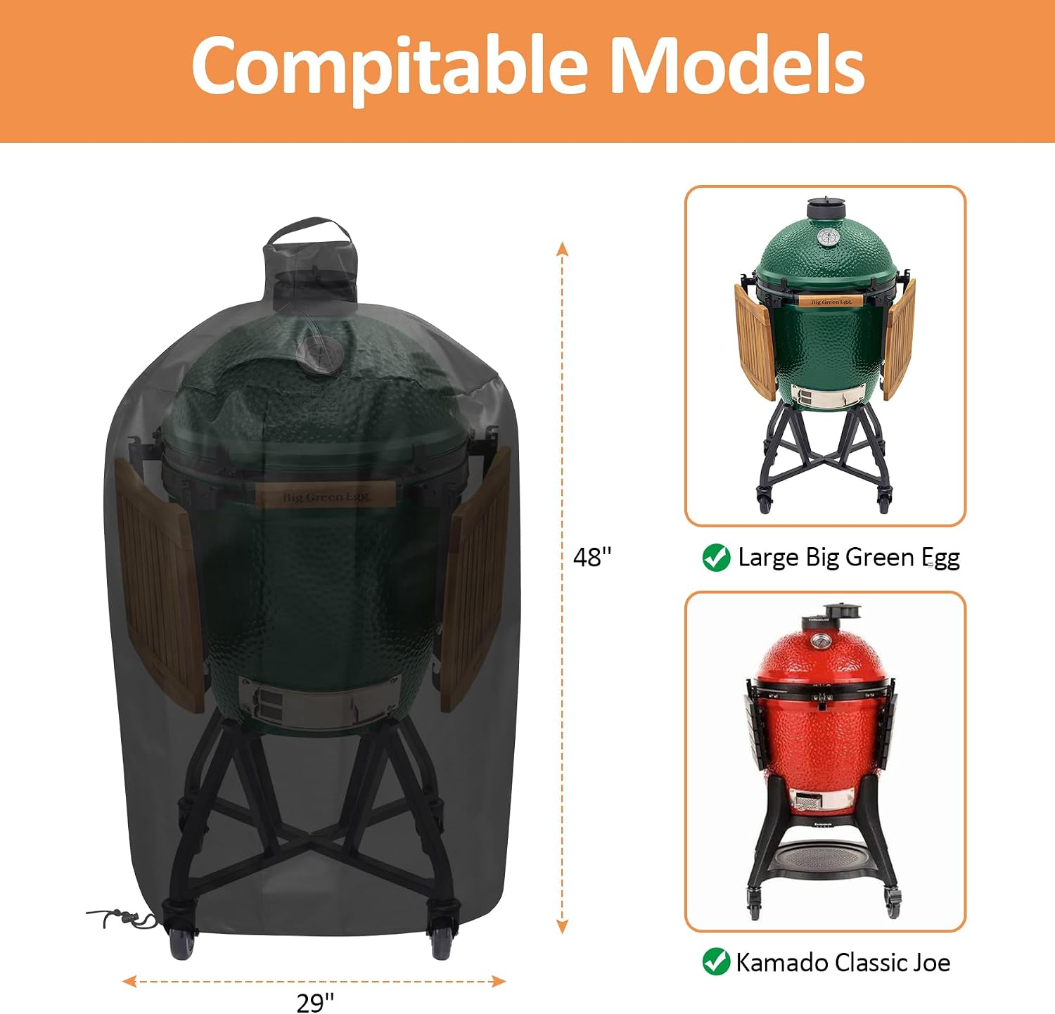 Grill Cover for Large Big Green Egg & Kamado Classic Joe Ceramic Grill | 29"Dia x 48"H, Top Handle, Air Vents, Bottom Elastic Cord, 600D Heavy Duty Waterproof Outdoor Grill Full Cover