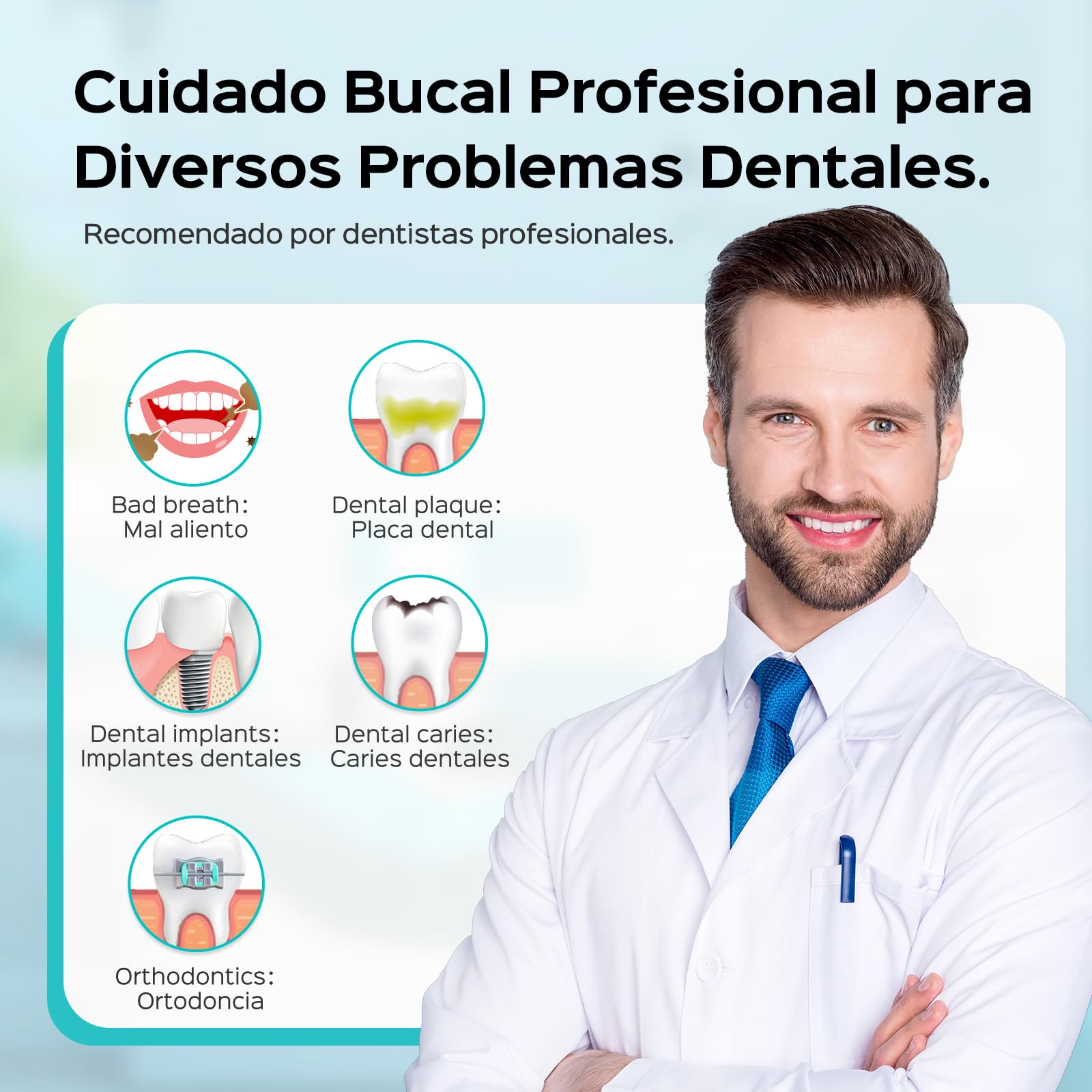 COSLUS Irrigador Dental Sobremesa Profesional: 2 Modos y 12 Presión Ajustable - 600ml Irrigador Bucal para Adultos Usuarios de Ortodoncia/Encías Sensibles -Uso Hogar Baño con 5 Boquillas - Blanco