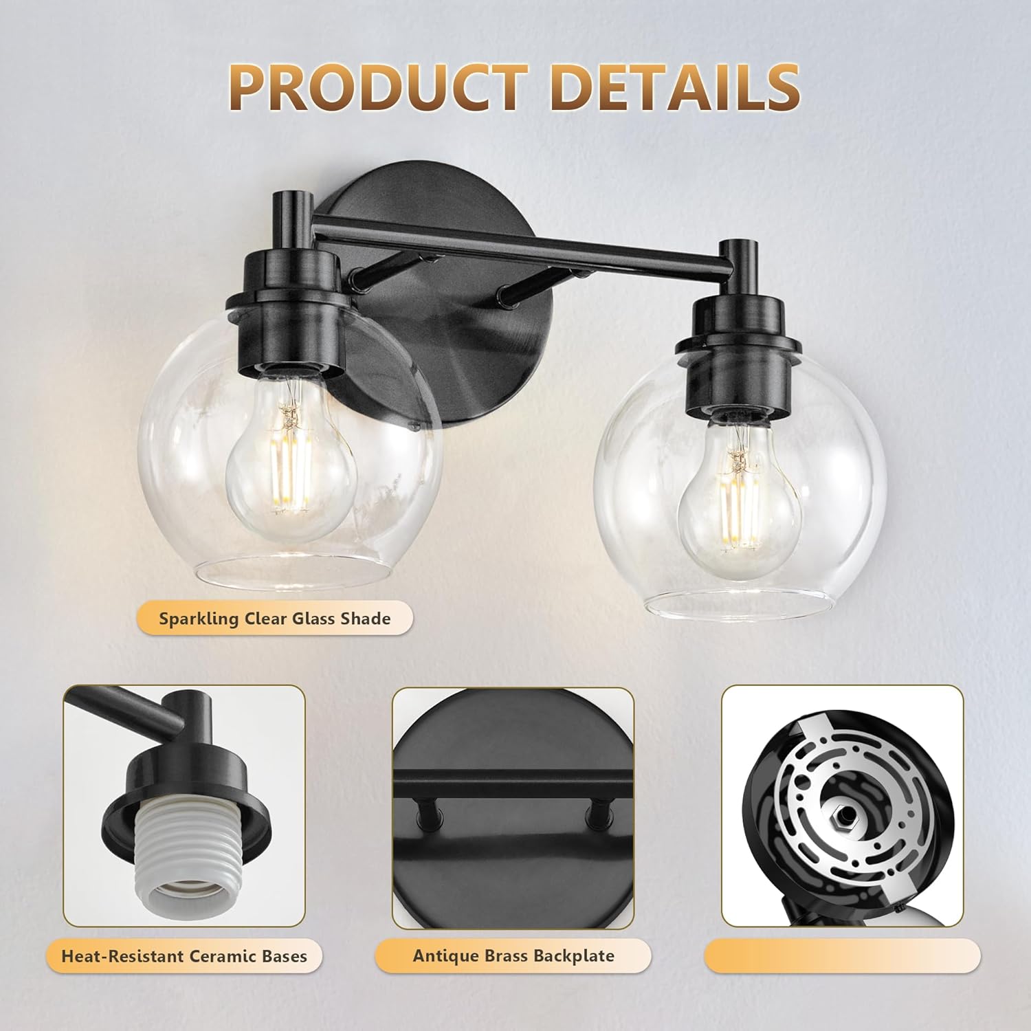 Black Bathroom Vanity Lights, 2-Light Wall Sconce with Glass Globe Shade, Vanity Lighting for Bathroom/Bedroom/Dressing Room, Vertical/Horizontal Mounted, E26 Bulb Base (Bulb Not Included)