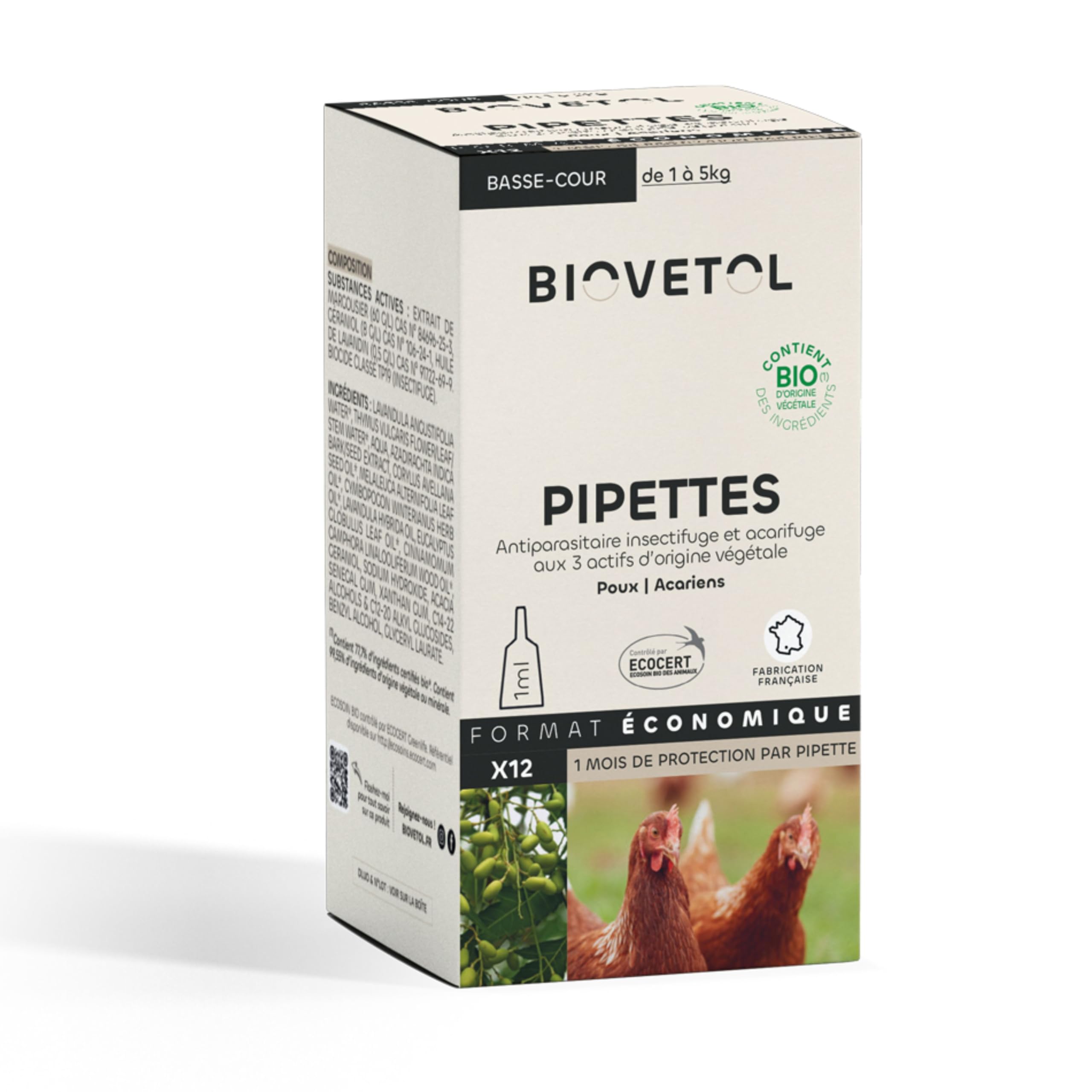 BIOVETOL - Pipettes Anti-Poux pour Animal de Basse-Cour Bio - Repousse Les Poux et Les Acariens - conçu et fabriqué en France - 12 pipettes