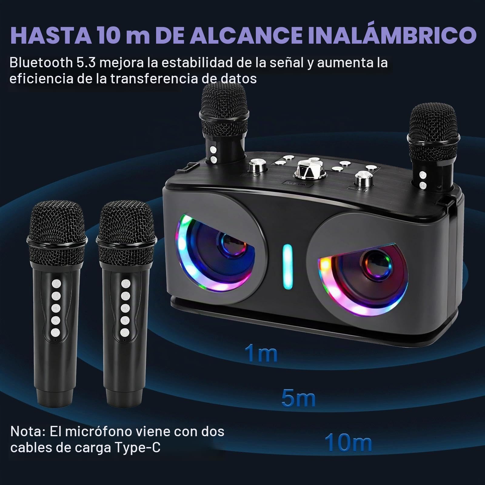 Máquina de Karaoke, con 2 Micrófonos Inalámbricos, Bluetooth 5.3 Sistema de Karaoke Portátil con Luces LED para Fiesta en Casa, al Aire Libre y Boda, Soporta TWS/TF Card/USB/AUX (Negro)