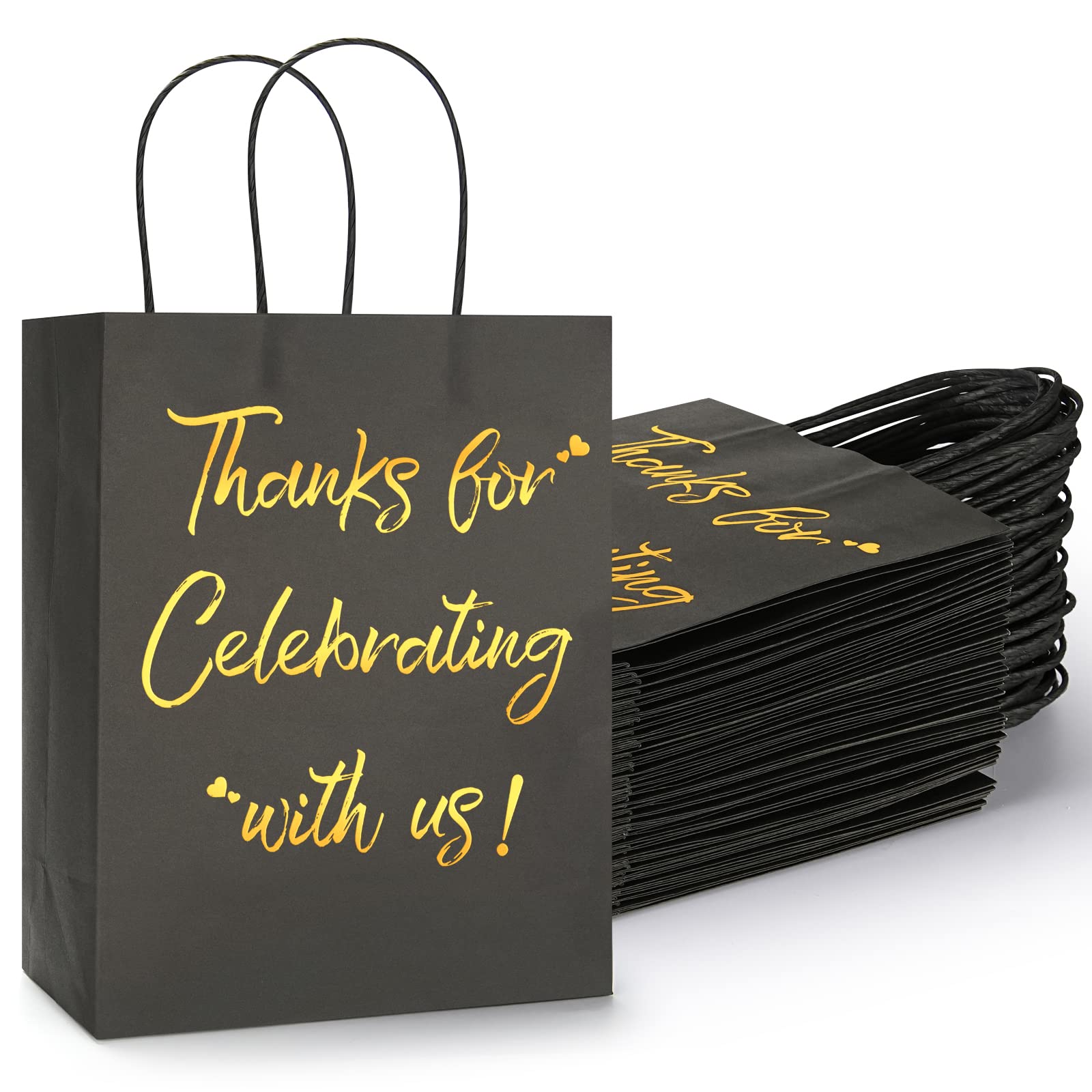 Photo 1 of 30 Pcs Thank You Gift Bags with Handles, Black Kraft Paper Bags for Baby Shower Party Favors, Welcome Bags for Wedding Guests and Small Business, Medium Size Bulk (7.9"L x 3.9"W x 10"H)