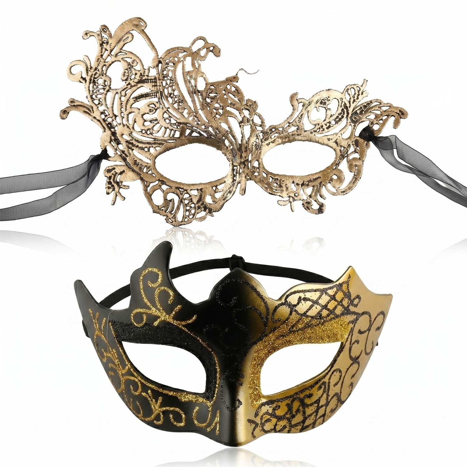 Gaomumu 2PCS Couple Masquerade Mask, Venetian Masquerade Masks, Phoenix Styled Half Face Masks, Suitable for Carnival Halloween Cosplay Theater Fashion Show(Black Gold)