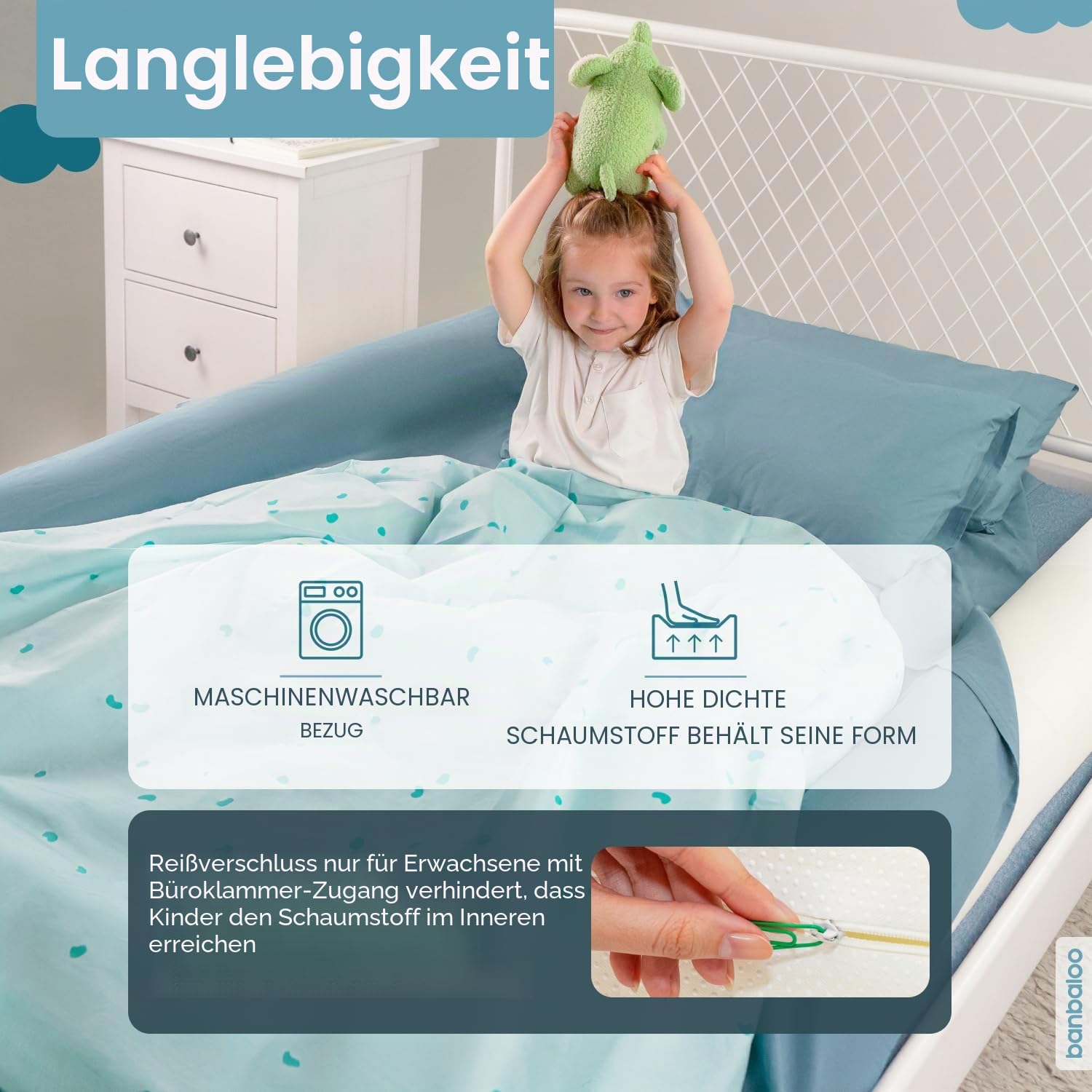 BANBALOO – 2er Pack - Bettkantenschutz, Schutzkissen für Kinderbett, Trennkissen, Randkissen, Babykissen, Bettsicherung und Rausfallschutz, rutschfestes und tragbares Schaumstoff-Kissen