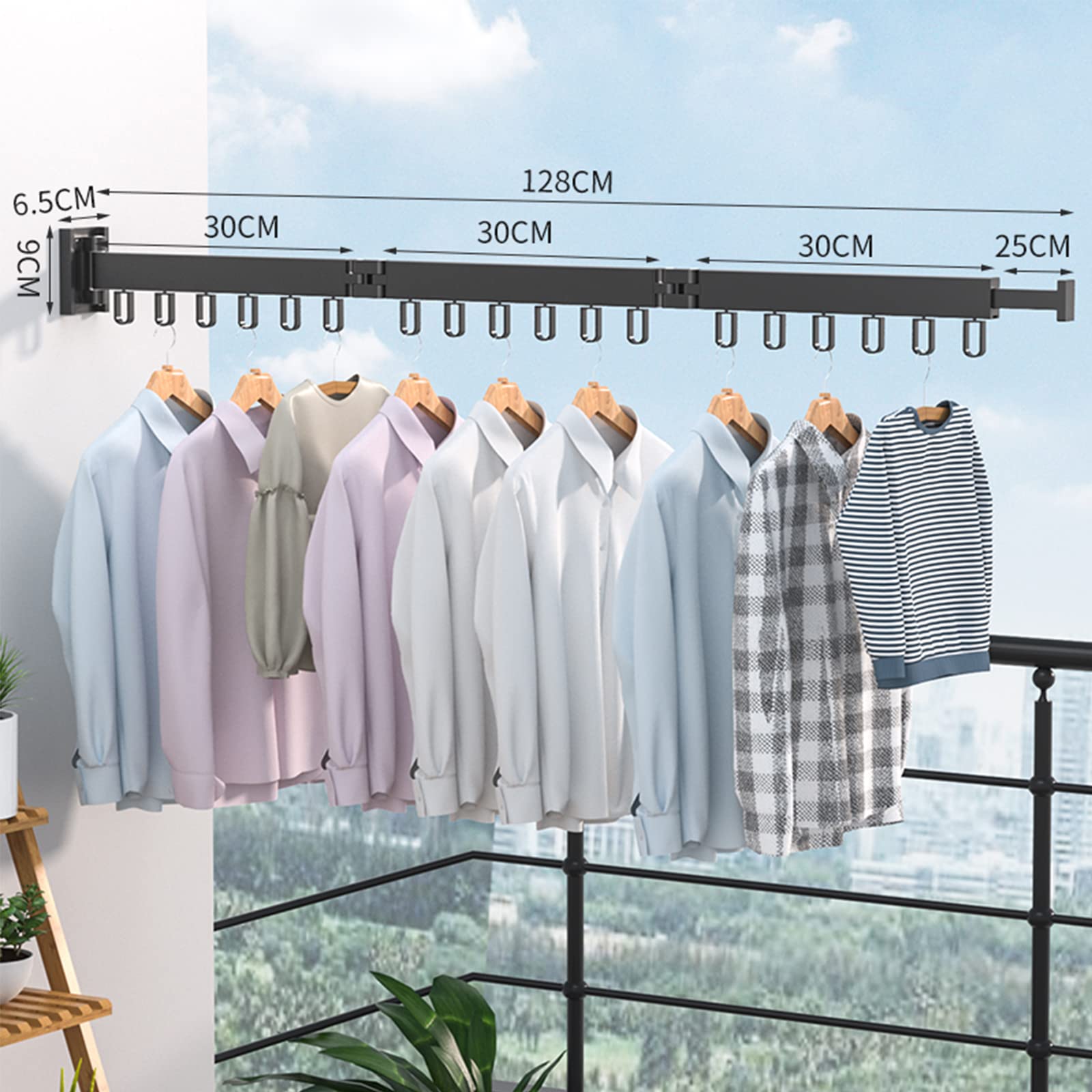 Wäscheständer Versenkbar mit 12/18 Haken, Wandmontierter Kleiderständer, Platzsparend Zusammenklappbar Kleiderstange mit Handtuchhalter für Balkon,Wäsche, Schlafzimmer (Schwarz-3 Faltbare Racks)