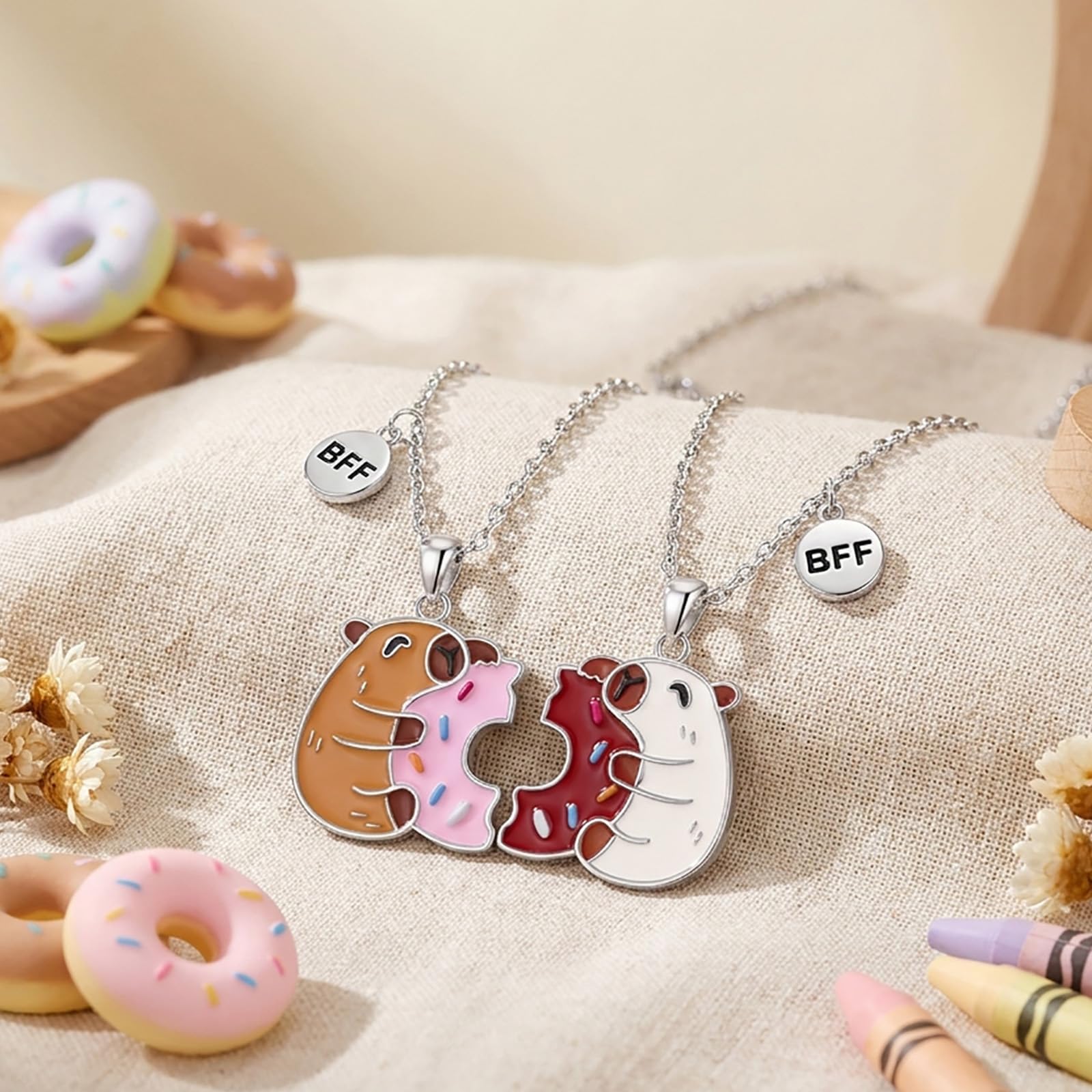 Capybara Freundschaftskette 925 Sterling Silber Niedliche Donut Capibara BFF Passende Anhänger Halskette Set für 2 Mädchen Hypoallergenic Capybara Freundschaftsschmuck Geschenk für Beste Freunde