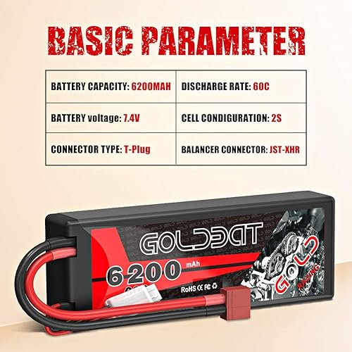 Miniatura 2 de GOLDBAT 6200mAh 2S 60C 7.4V RC LiPo Batería Estuche rígido con conector T para vehículos RC Coche Camión Truggy (paquete de 2)