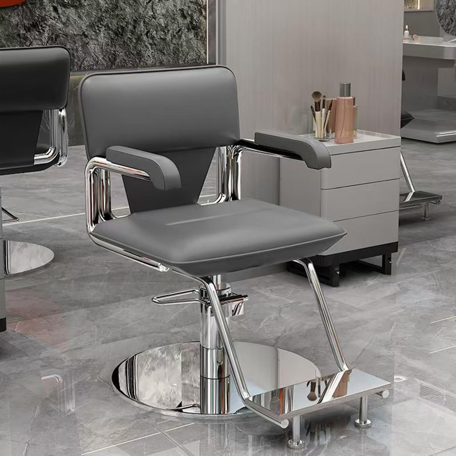 Sillón de peluquería para estilistas con Asiento Ancho, rotación de 360°, hidráulico, Totalmente Forrado en Cuero, de Acero Inoxidable con reposapiés para barbería(D)