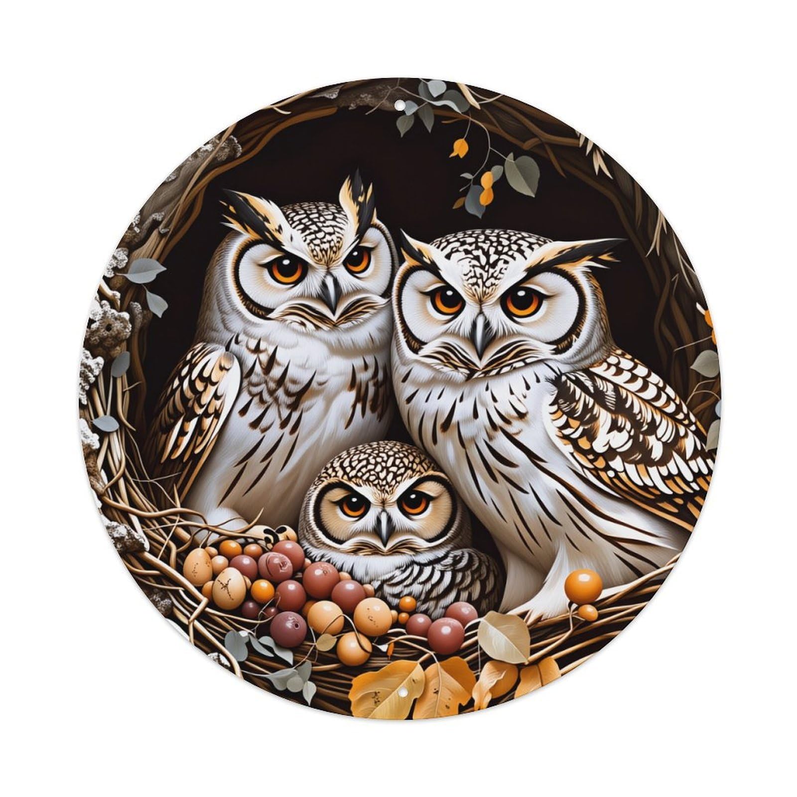 Owl Family Nest Autumn Leaves Metal Tin Sign Vintage Garden Bedroom Cafe Bar Man Cave Home Wall Decor Metal Poster 8x8 inches
