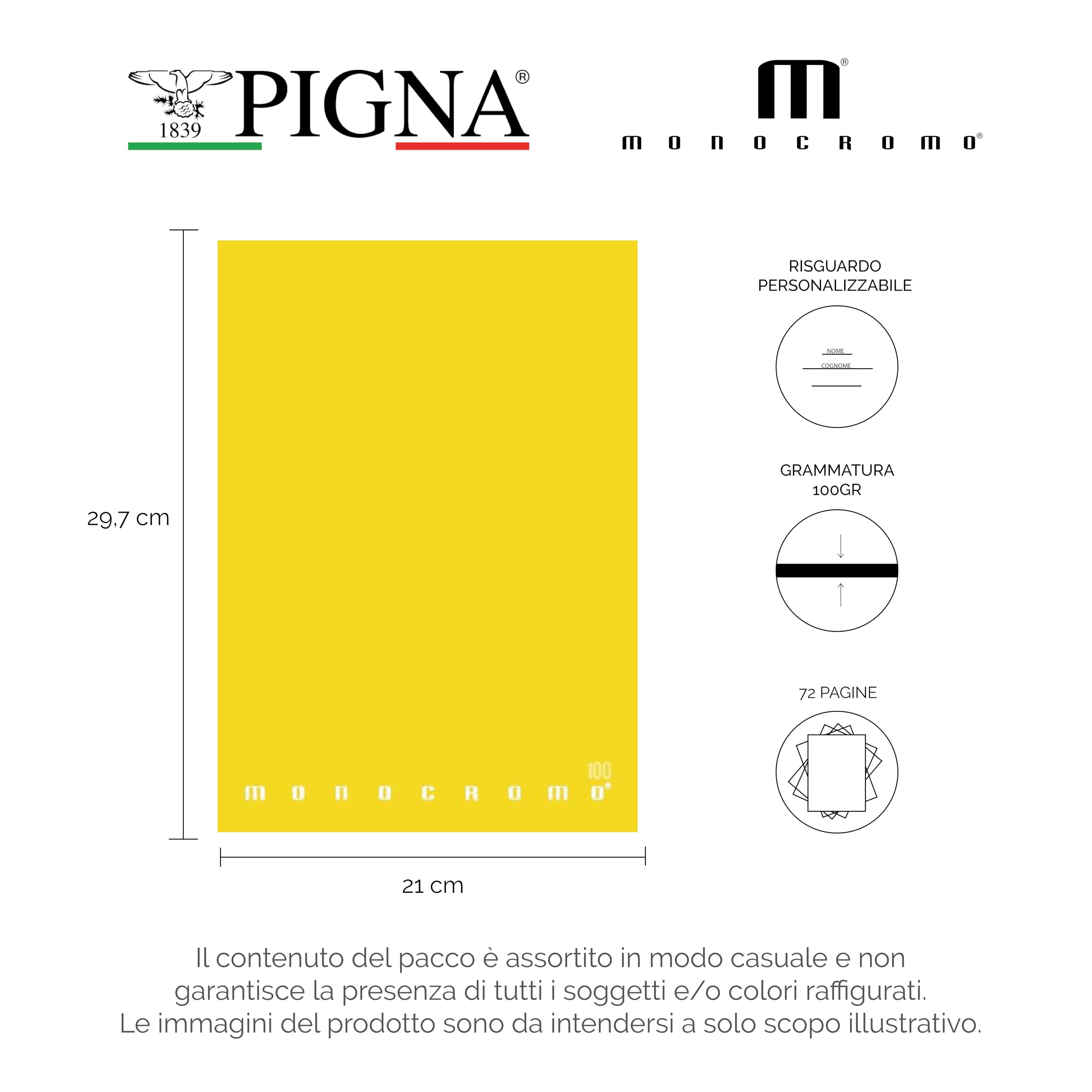 Pigna Monocromo Quaderno A4 Rigatura 0Q Quadretti 5mm Margine 100g/mq Pacco 10 Pezzi