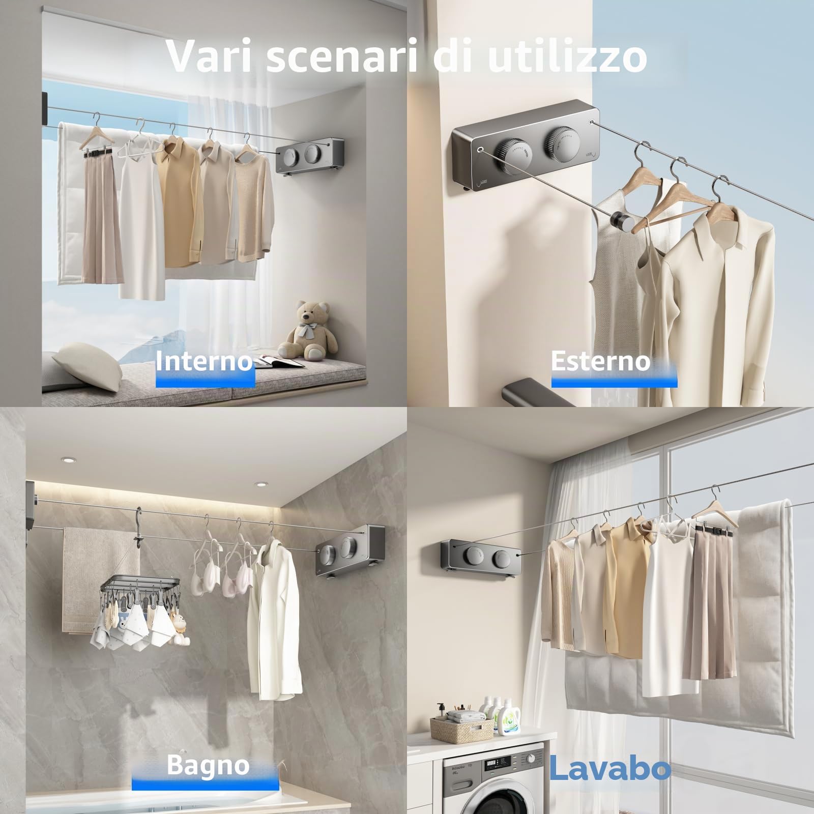 MUSTORN Filo Stendibiancheria Retrattile, Doppia Linea Filo Per Stendere Cavo Stendibiancheria Per Esterno Corda Per Stendere i Panni Esterno Cavo Per Stendere i Panni Esterno 4.2m(Grigio)