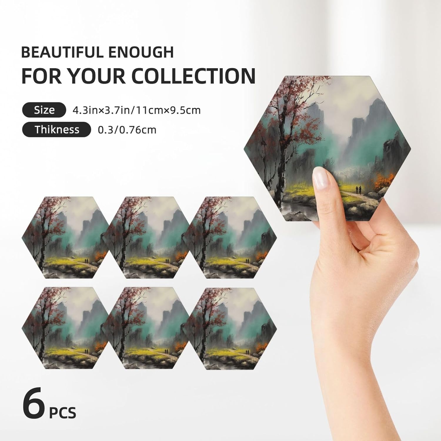 ドリンクコースター6枚セット セラミックコースター ホルダー付き 風景画 ラウンドコースター ドリンク用 卓上保護 カップマット 耐