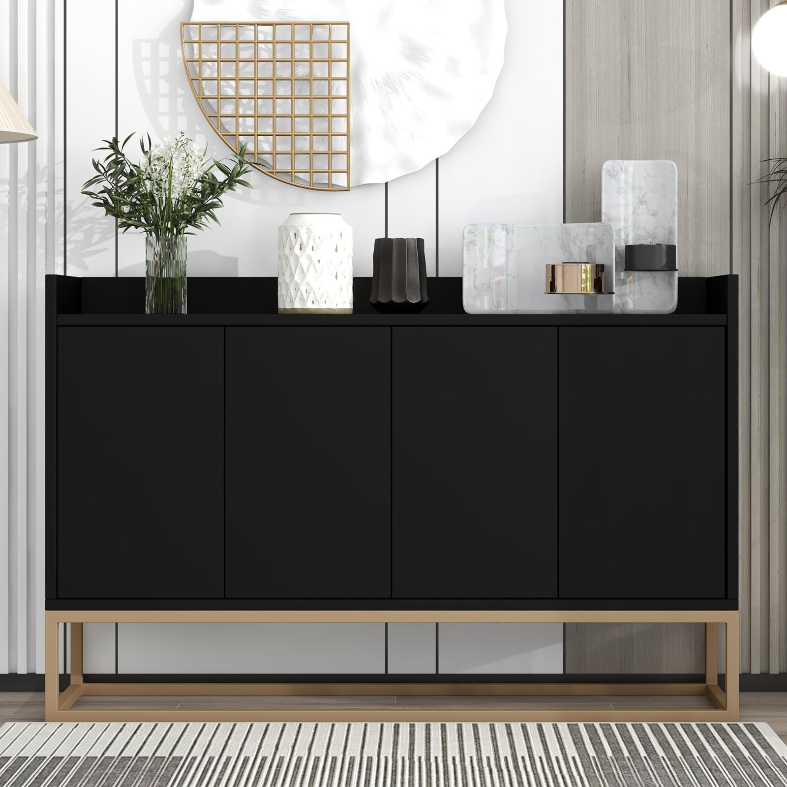 FEEOHOME Credenza Bas, mobile portaoggetti con gambe in metallo, mobile da cucina con 4 ante e ripiani regolabili, armadio da cucina 120 x 30 x 80 cm, per sala da pranzo, soggiorno (nero)
