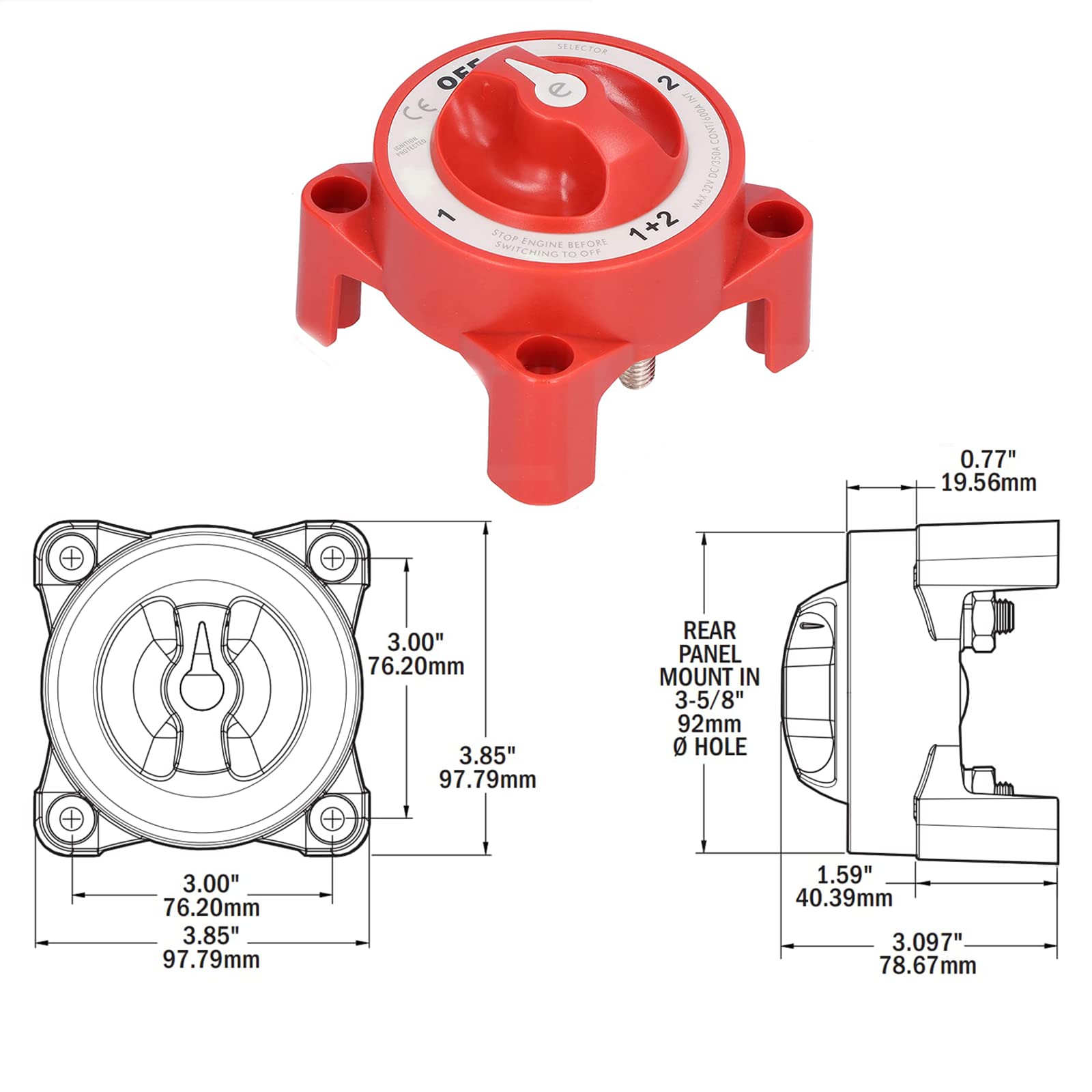 ISURE MARINE Selettore interruttore batteria 4 posizioni terminale cavo batteria interruttore per camper 32V 350A ROSSO