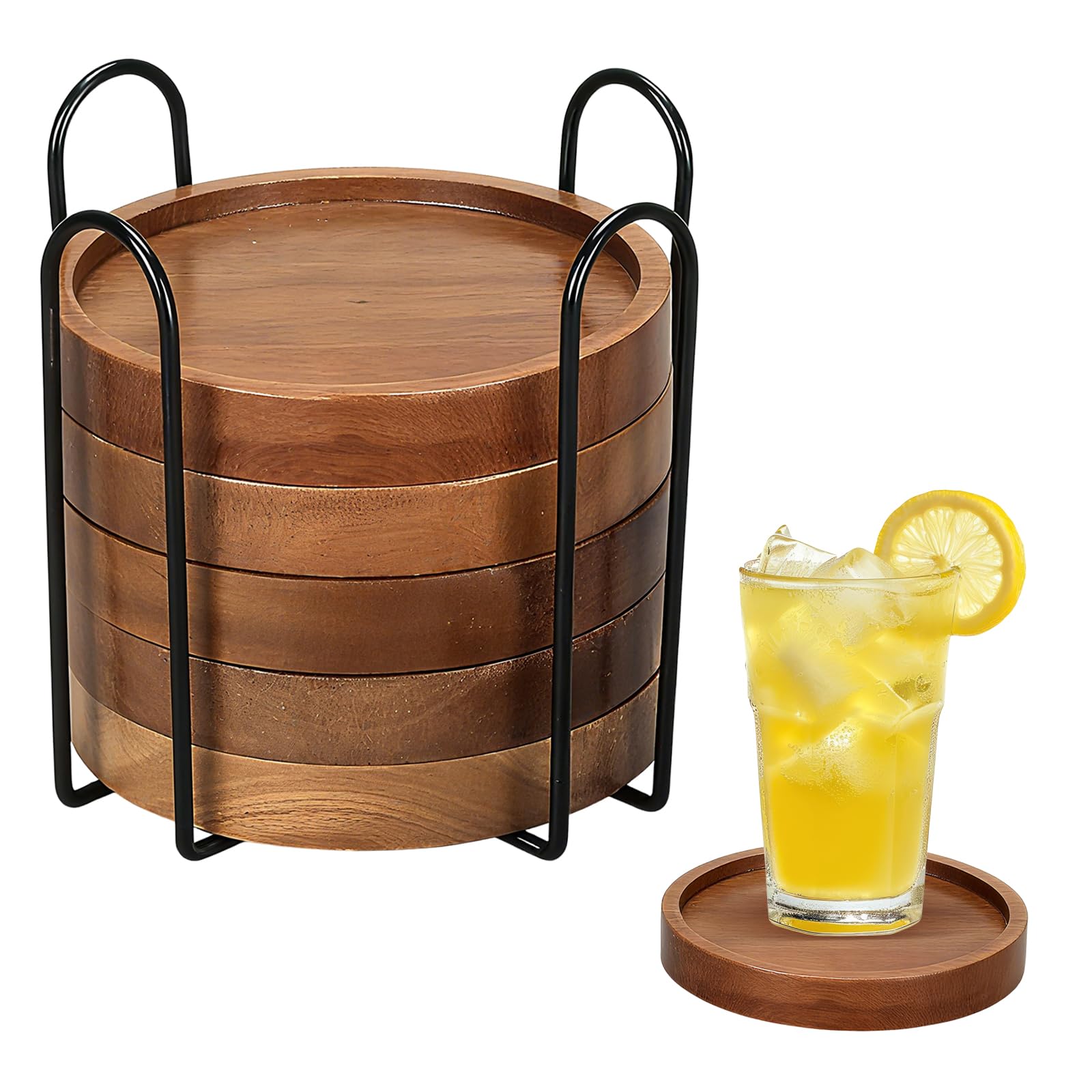 Wood Cork Coasters for Drinks Absorbent with Holder, Wooden Coaster with Cork for Any Tabletop Protection, Modern Home Decor, Dining Table Decorative Set, Set of 6 4.33in.