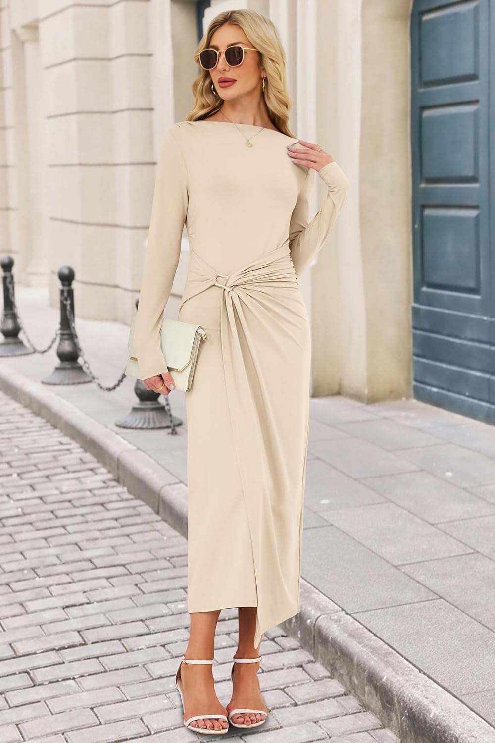 Women's Long Sleeve Wedding Guest Dress 2026 Spring Elegant Bodycon Boat Neck Formal Cocktail Party Midi Dresses - Image 2