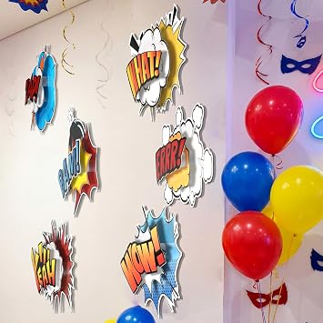 Preboun 6 Pcs Hero Themed Party Decor 3D Multilayer Comic Action Cutouts