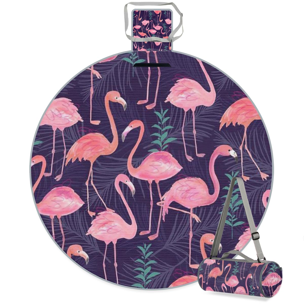 Shimoshe Tropical Flamingo Picnic Outdoor Blanket Foldable Waterproof Sandproof Beach Blanket Portable Water-Resistant Round Picnic Mat for Travel Camping Park Lawn A1
