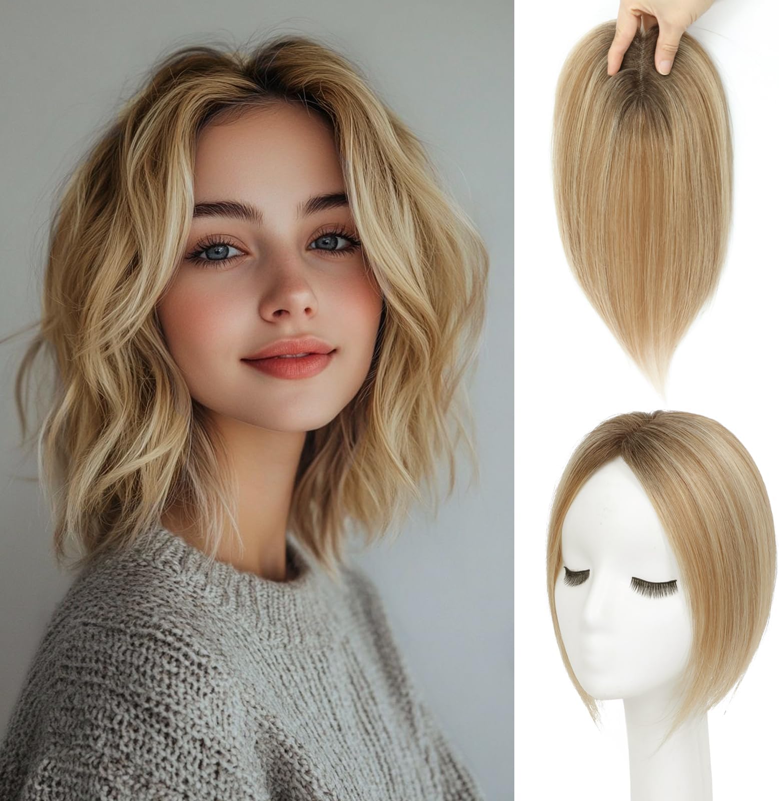 Hair Toppers for Women Real Human Hair Toppers with Thinning Hairpieces for Women 10 Inch Human Hair Topper for Cover Gray Roots（ Ombre Light Blonde）