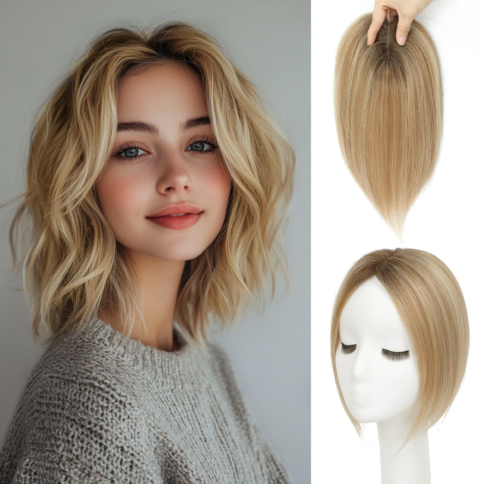 Hair Toppers for Women Real Human Hair Toppers with Thinning Hairpieces for Women 10 Inch Human Hair Topper for Cover Gray Roots（ Ombre Light Blonde）