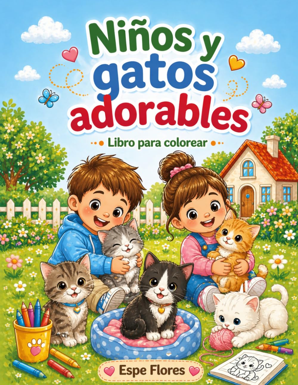 Niños y Gatos adorables. Libro para colorear (Pequeños Amigos Adorables)