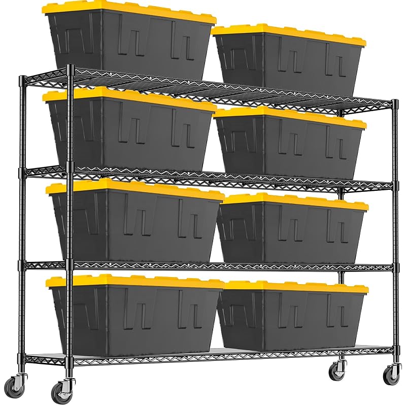 Estante de almacenamiento de 60" con ruedas, estantería metálica resistente para garaje, rack ajustable con forros, capacidad para contenedores de 27 galones, para uso comercial y almacén, 60" An x 18" Prof x 63.78" Al - 4 niveles