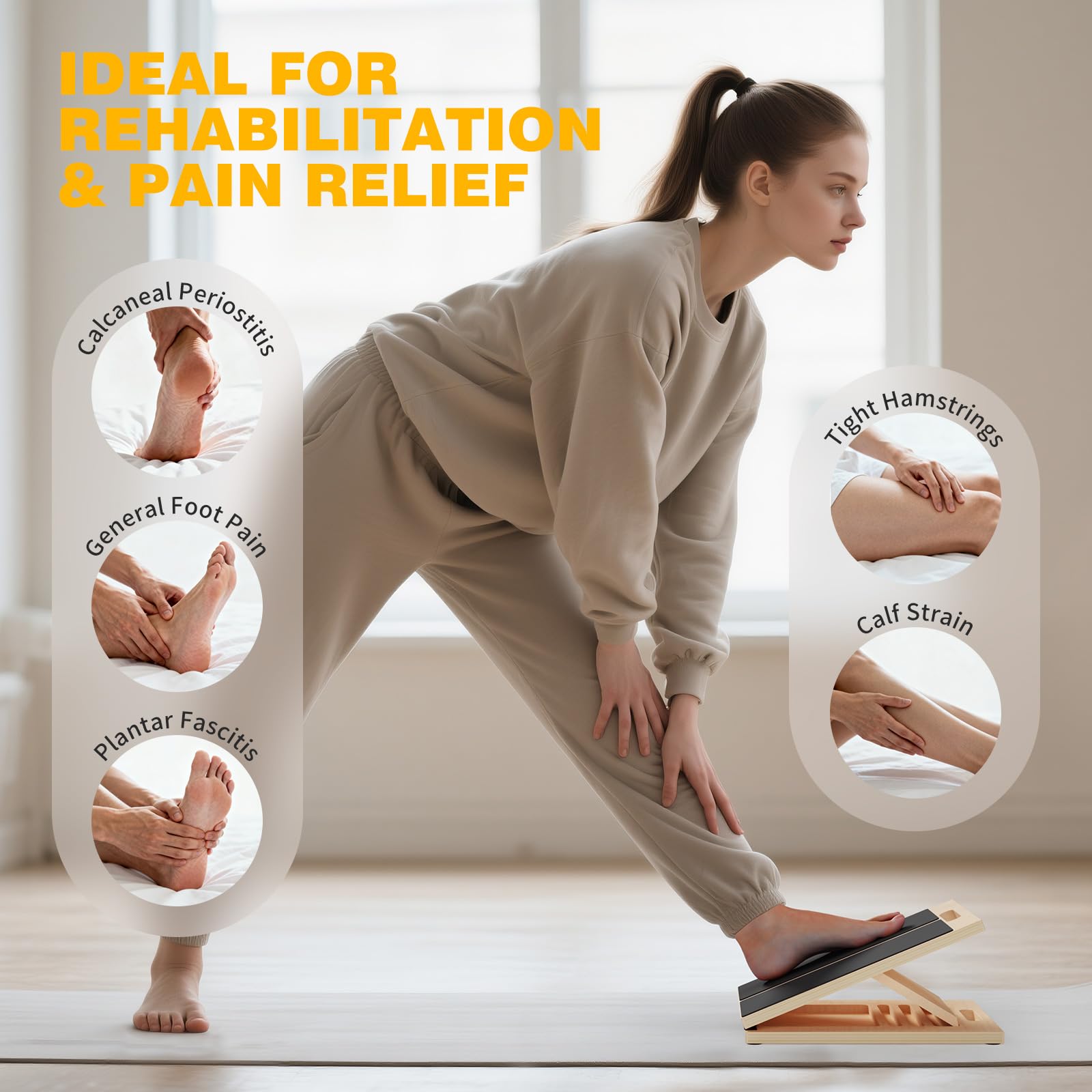 Slant Board for Calf Stretching, Adjustable Portable Wooden Board with 2 Resistance Bands & Training Poster,300 lbs Weight Capacity Calf Stretch Wedge for Legs, Knees & Flexibility Training