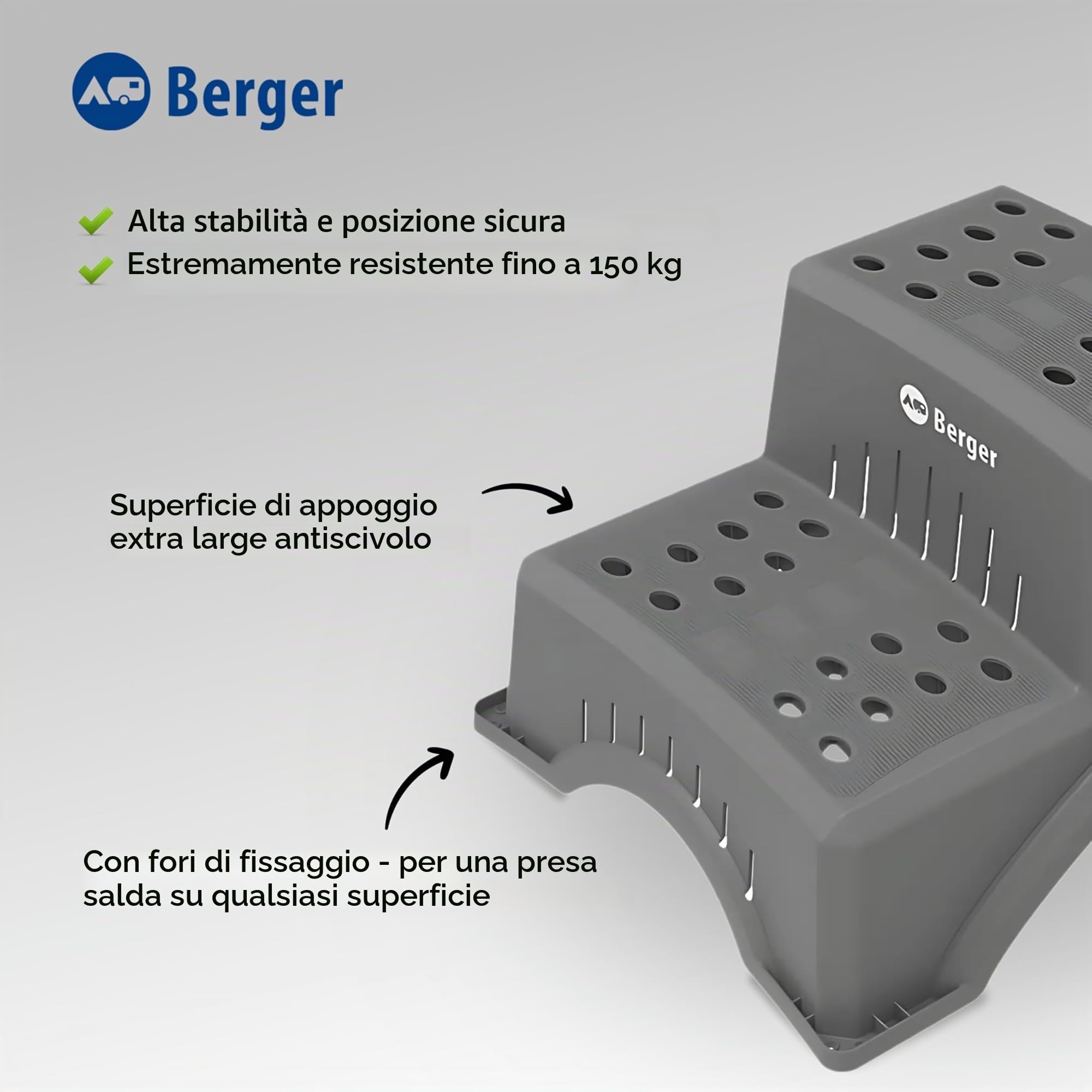 Berger Gradino Robusto ideale per Roulotte, Camper e Caravan- Stabile e Antiscivolo - Sgabello per Uso Interno ed Esterno con Portata Fino a 150kg - Versatile e Resistente
