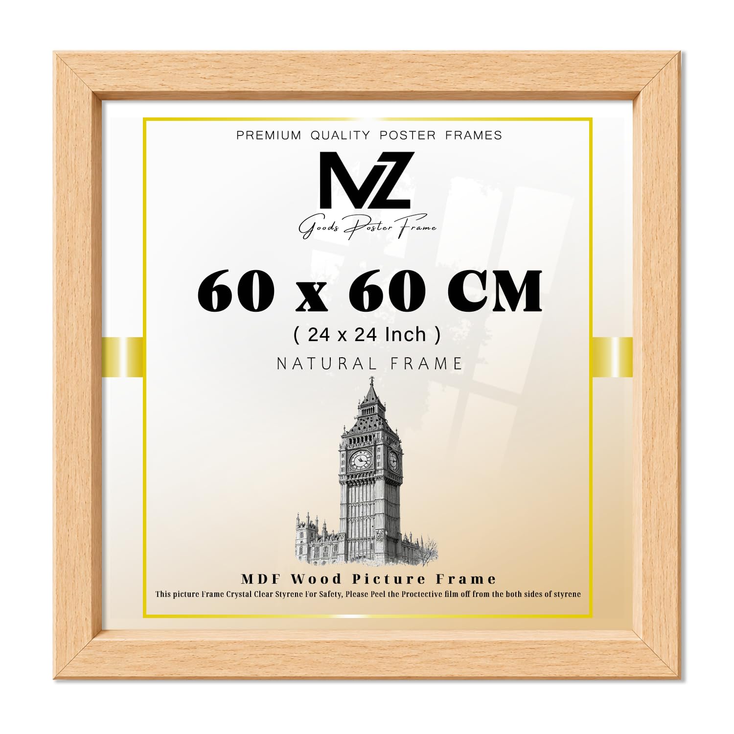 MZ GOODS | MDF Poster Frame (60 x 60 CM) Square for Family Pics, Art Drawings & Travel Photography, Premium MDF Finish, Hanging Hooks Included [ Beech ]