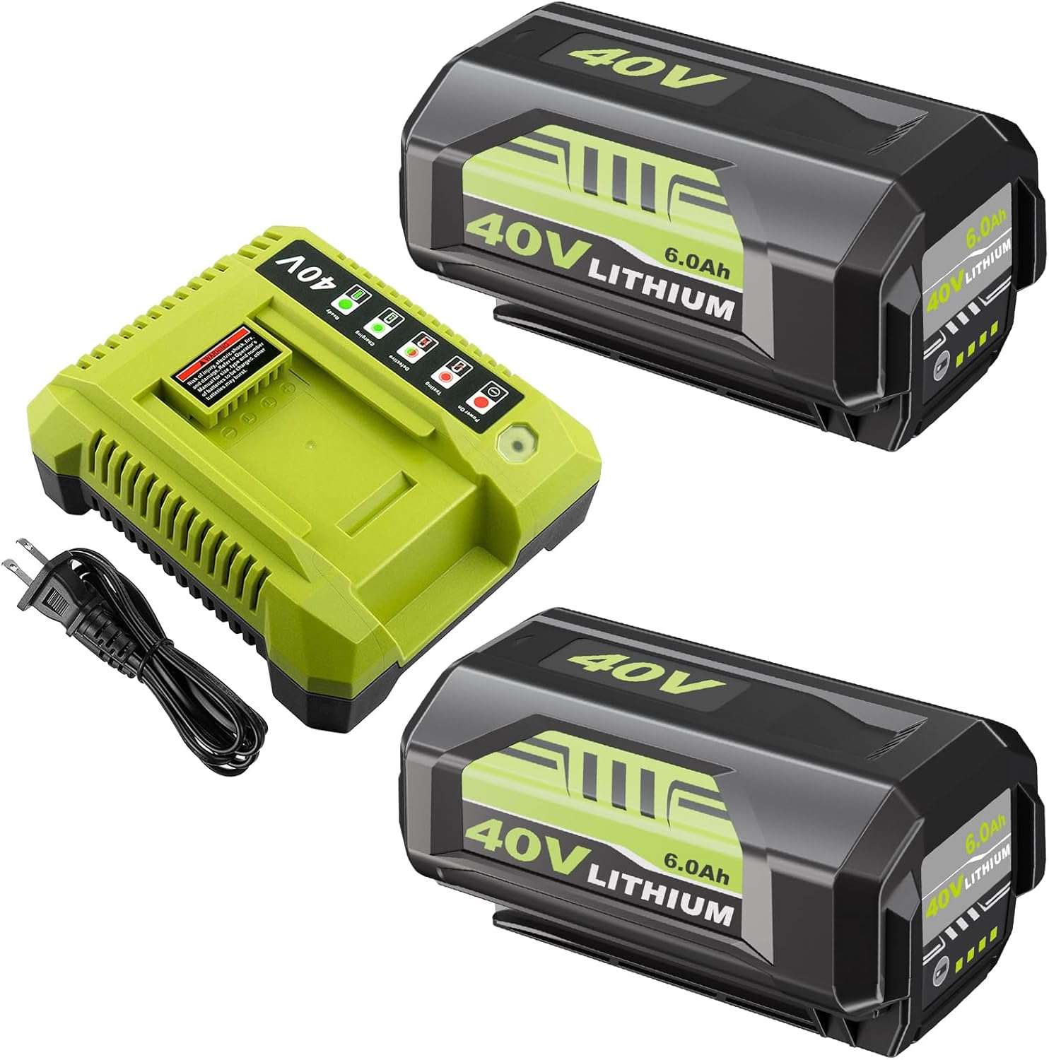 2Pack 6.0Ah Battery and OP401 Charger Kit Replacement for Ryobi Compatible with Ryobi 40V Lithium ion Battery OP4026 OP40261 OP4050 OP4040 OP40401 OP40201 OP40601 and Cordless Power Tools