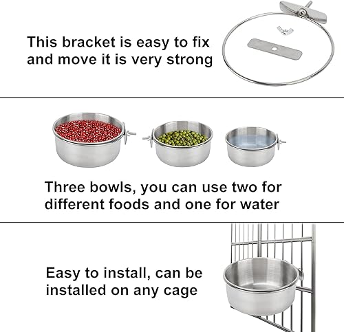 Miniatura 4 de Paquete de 3 vasos de alimentación de pájaros con soporte de abrazadera, de acero inoxidable, para cacatúas, periquitos, guacamayos, pinzones