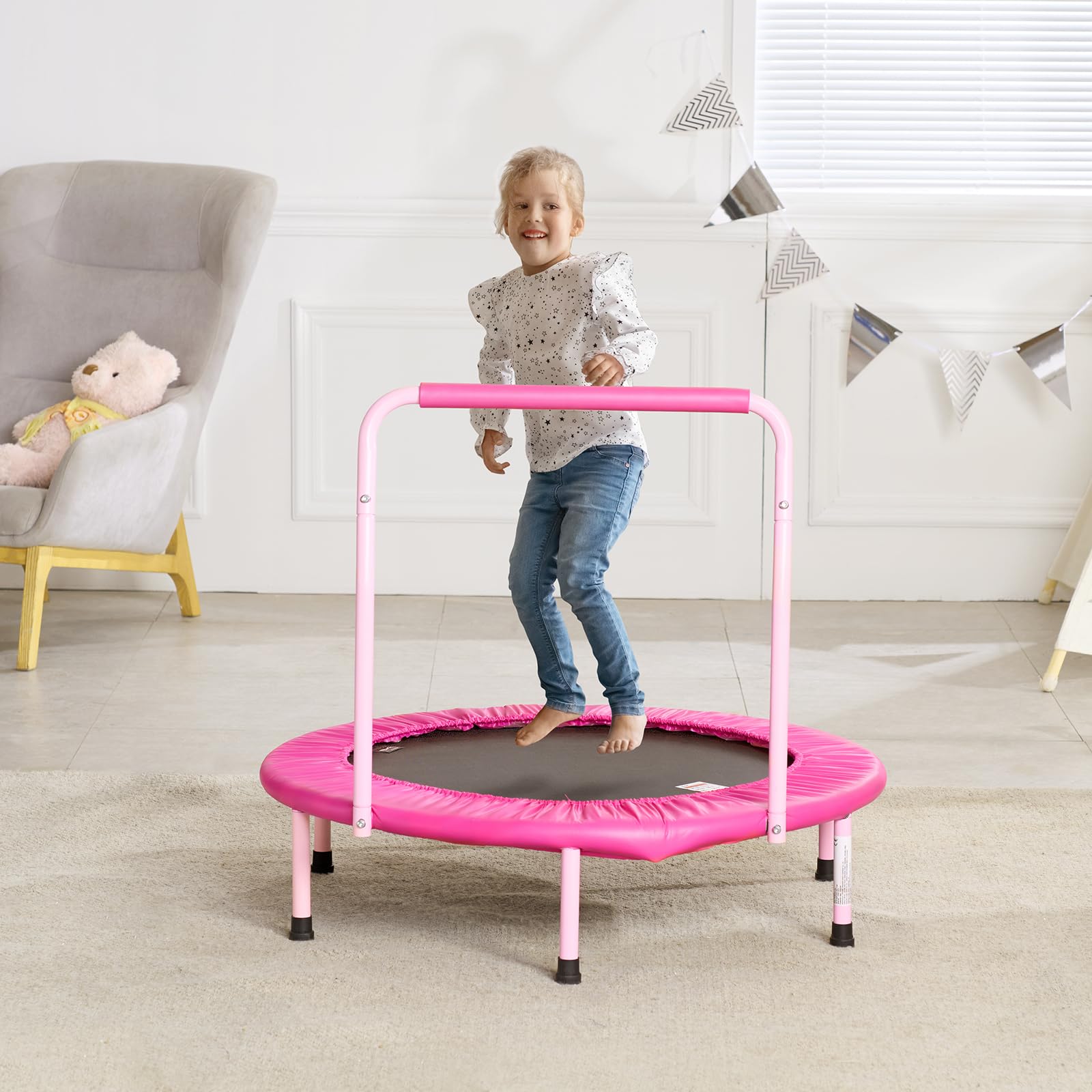 VEVOR Mini Trampoline Pliable pour Enfant, 955 x 750 mm, Fitness rebounder pour Tout-Petits avec poignée, Cadeau d'anniversaire pour Enfants de 3 Ans et Plus, garçons et Filles pour s'amuser, Rose