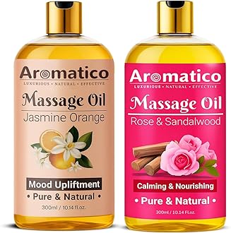 AROMATICO Rose Sandalwood & Jasmine Orange Massage Oils Pack of 2. For Mood Upliftment, Soothing Aroma, Muscle Relaxation & Skin Nourishment, 100% Natural, Non-Sticky - 300ml