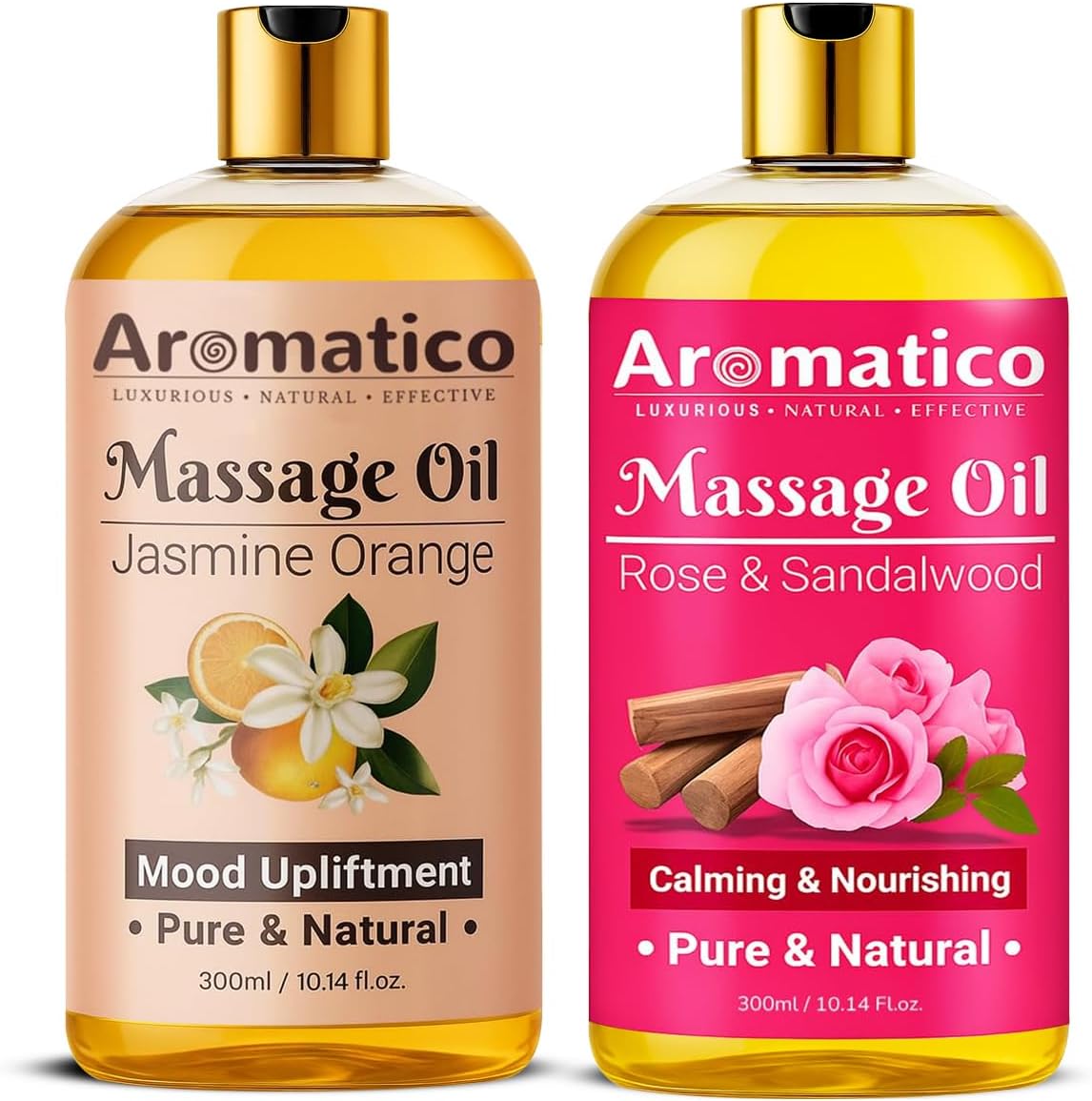 AROMATICO Rose Sandalwood & Jasmine Orange Massage Oils Pack of 2. For Mood Upliftment, Soothing Aroma, Muscle Relaxation & Skin Nourishment, 100% Natural, Non-Sticky - 300ml