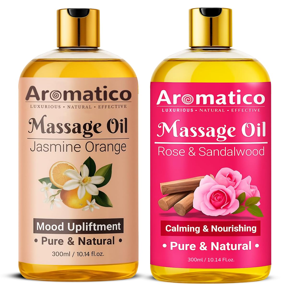 AROMATICO Rose Sandalwood & Jasmine Orange Massage Oils Pack of 2. For Mood Upliftment, Soothing Aroma, Muscle Relaxation & Skin Nourishment, 100% Natural, Non-Sticky - 300ml