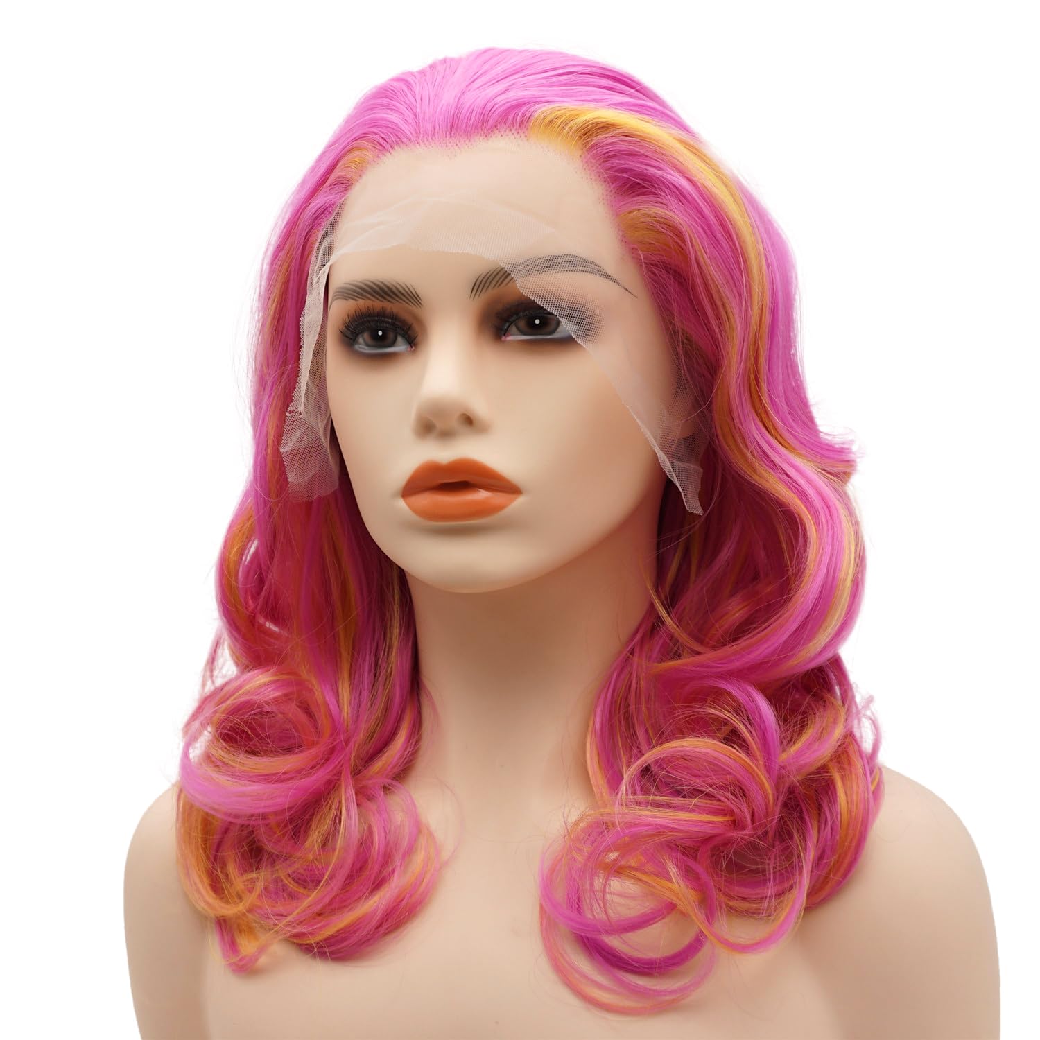 Hair Synthetic Lace Front Wig Wavy Shoulder Length 16inch Rose Red Gold Yellow Mix Heavy Density Heat Resistant Realistic Wig
