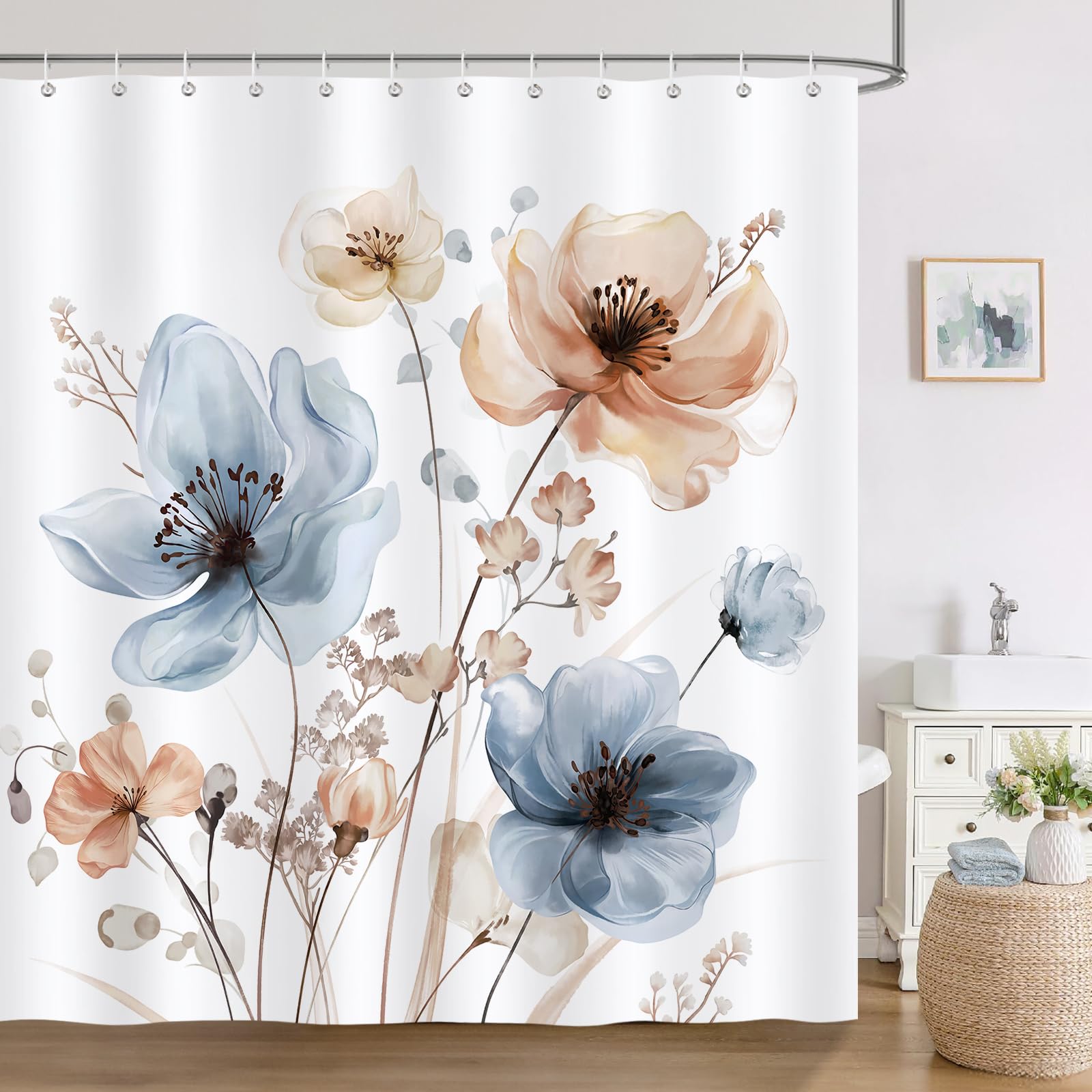 Bonhause Cortina de Ducha Boho Flores Azul Rosa Floral de Acuarela Moderno Abstracta Cortina de Baño de Poliéster Impermeable Antimoho Lavable Cortina Ducha 180 x 180 cm con 12 Ganchos