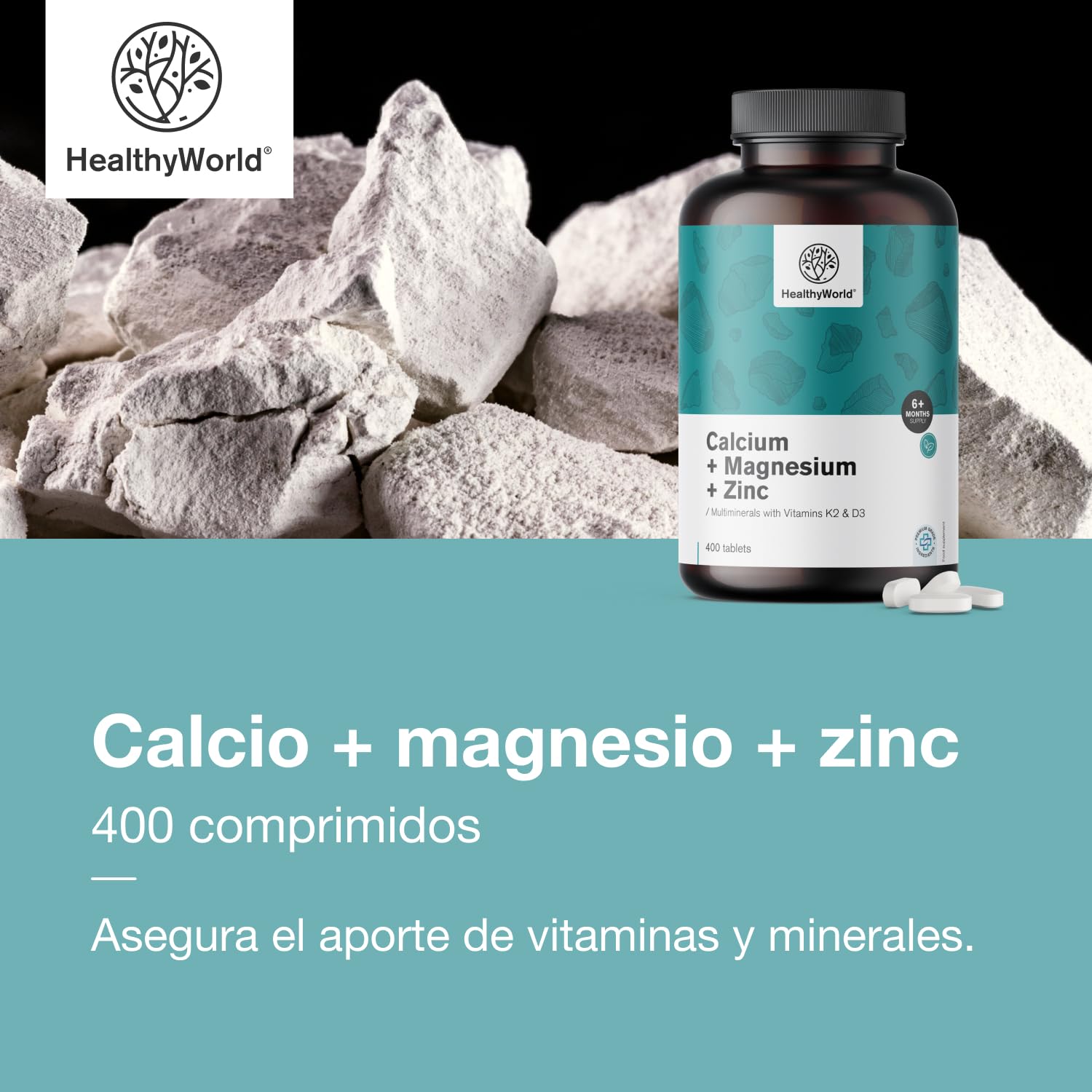 HealthyWorld Calcio + magnesio + zinc – Complejo de 2 vitaminas y 7 minerales – 400 comprimidos – Vitaminas D3 y K2 – Favorece la vitalidad y la resistencia – Suministro para más de 6 meses