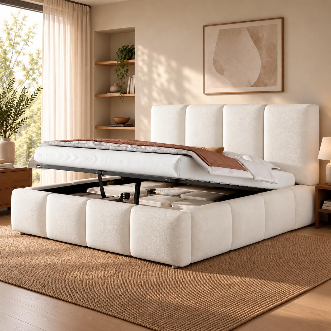 Letto Contenitore 160x200 con Rete a Doghe Letto Imbottito con Testiera Imbottita Sollevamento Idraulico con Vano Contenitore Integrato con Sollevamento Idraulico per Ospiti Bianco